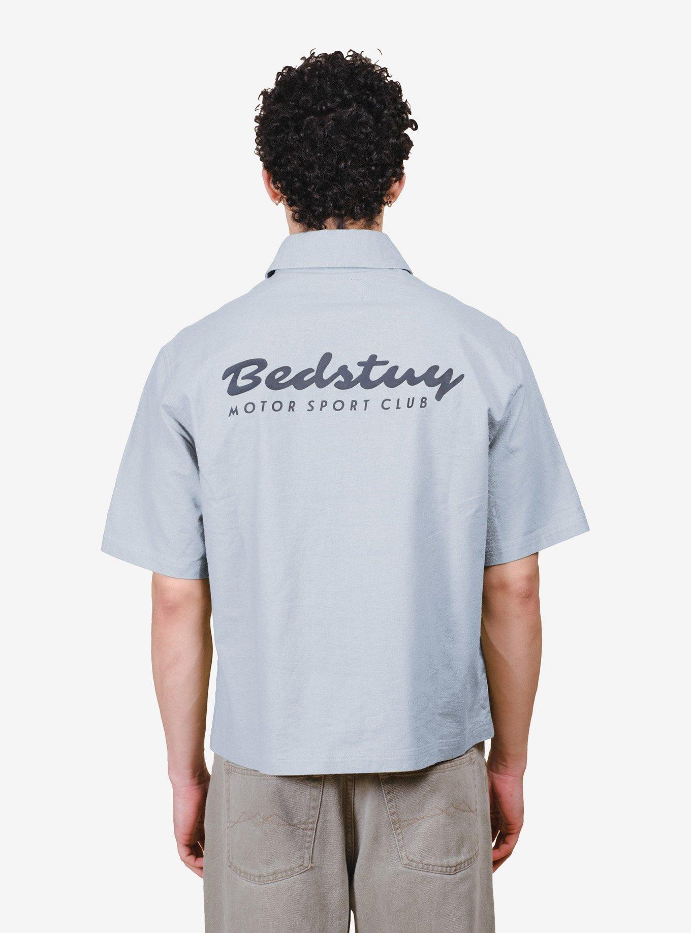 Cropped Bedstuy Motor Club Button-Up Shirt Blue, , hi-res
