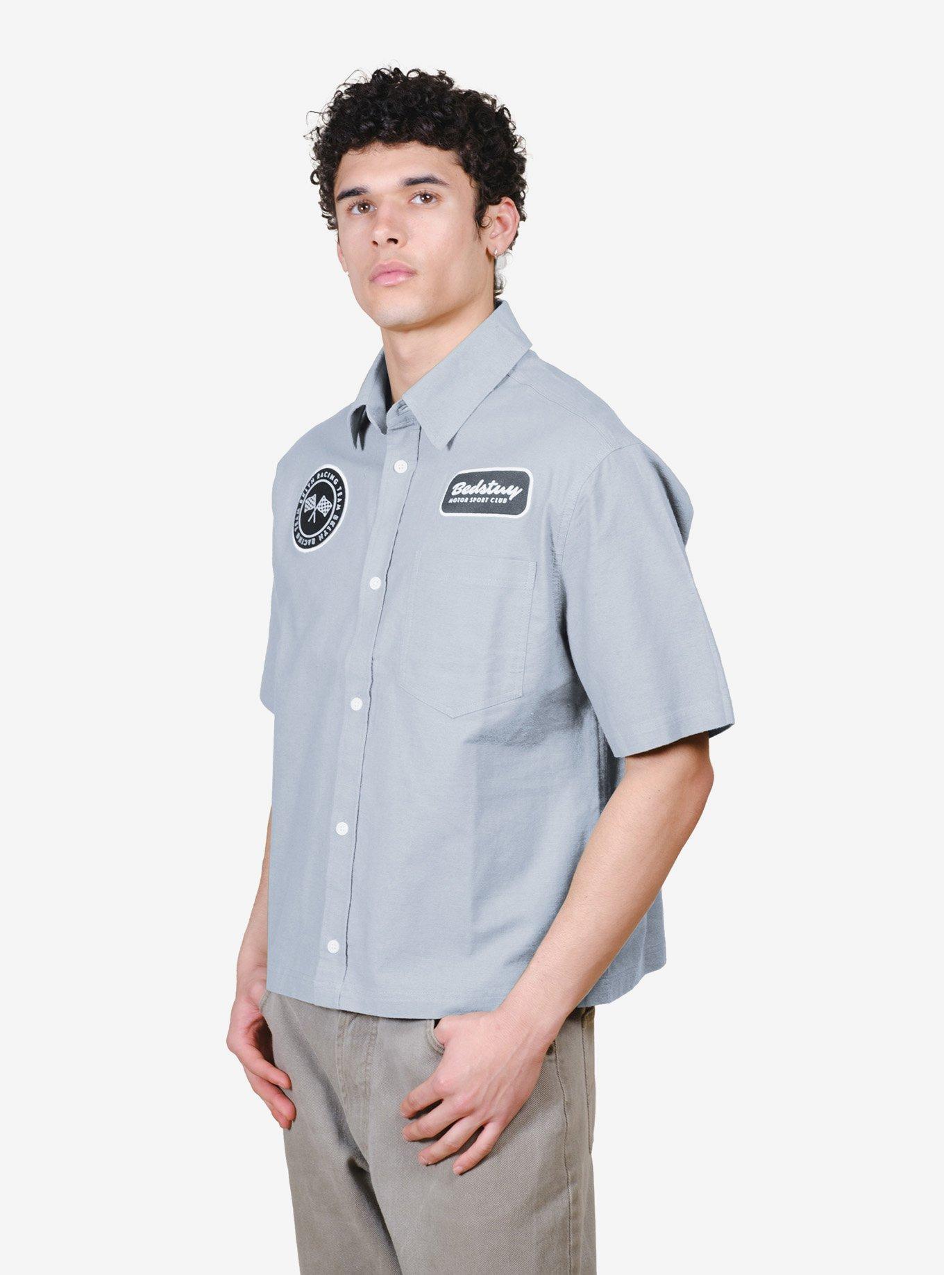 Cropped Bedstuy Motor Club Button-Up Shirt Blue, BLUE, alternate