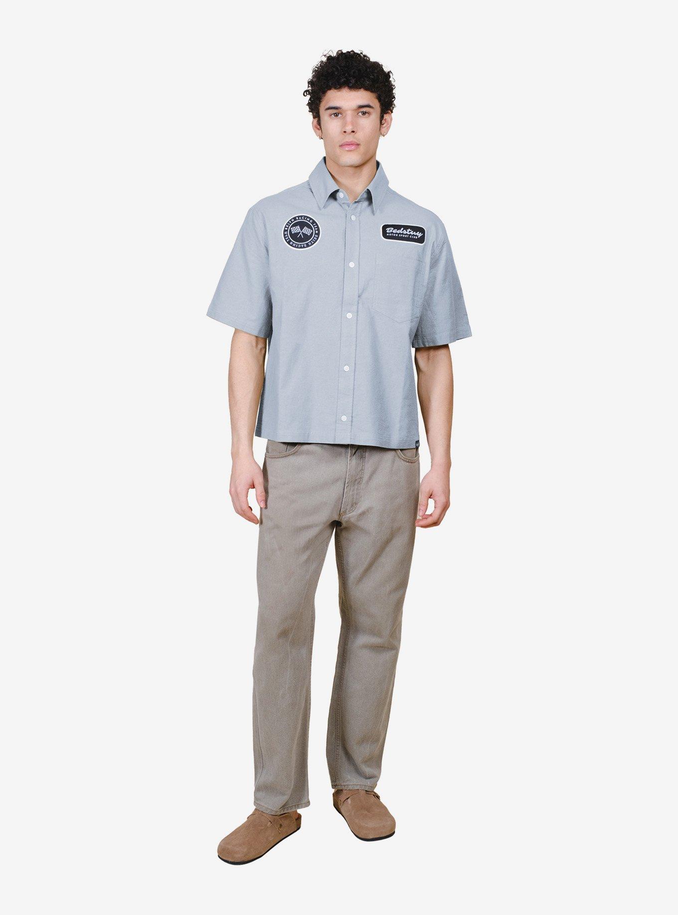 Cropped Bedstuy Motor Club Button-Up Shirt Blue, BLUE, alternate