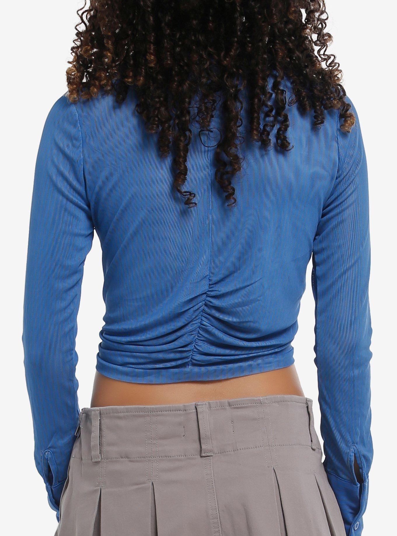Social Collision Blue Pinstripe Mesh Girls Crop Long-Sleeve Top, BLUE, alternate
