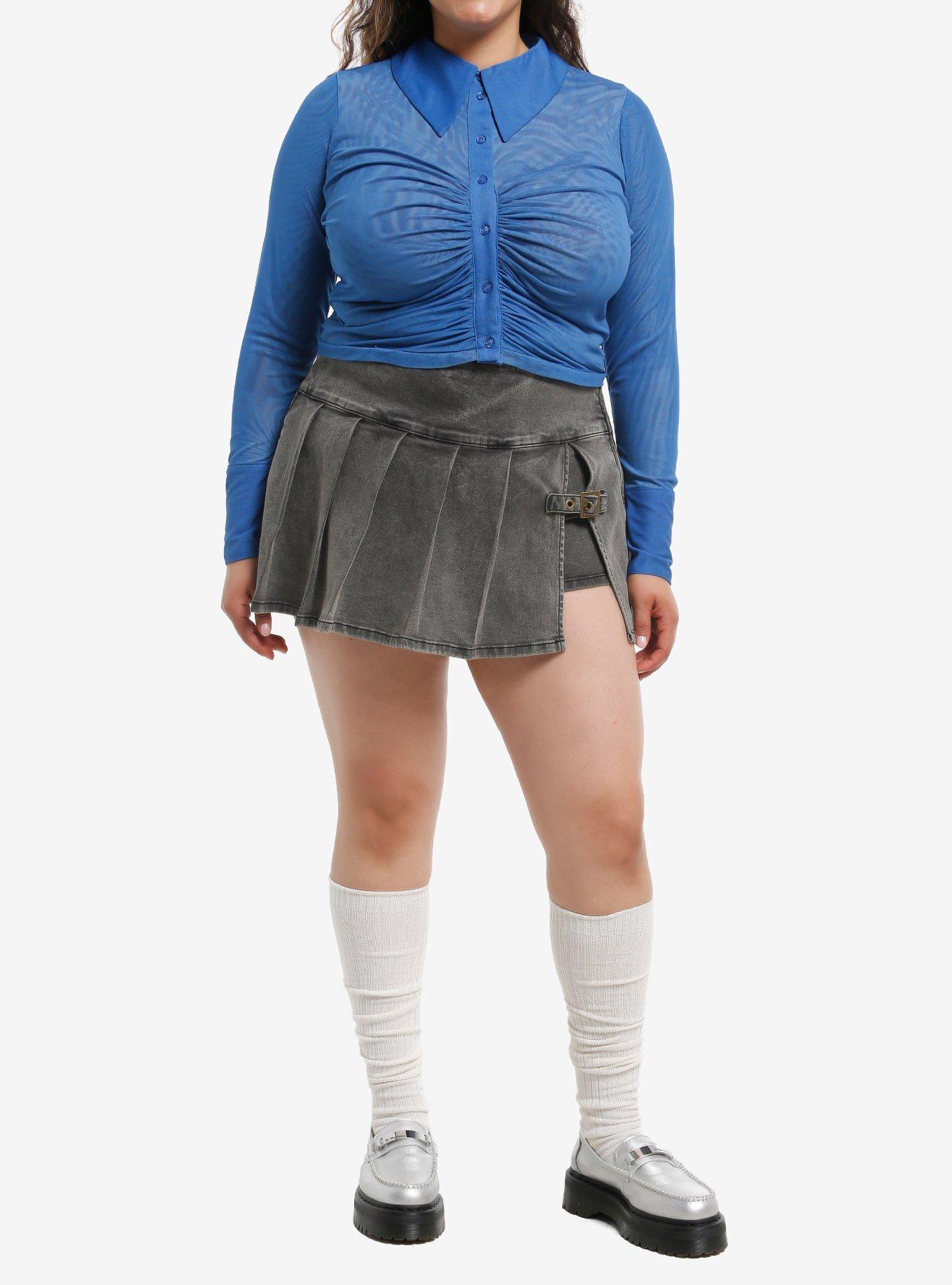 Social Collision Blue Pinstripe Mesh Girls Crop Long-Sleeve Top Plus Size, , hi-res