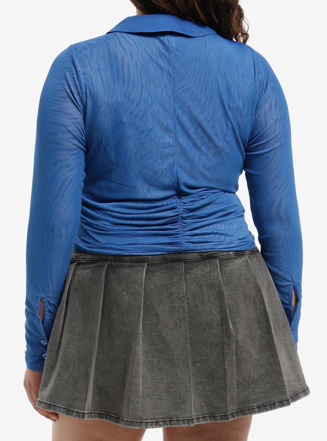 Social Collision Blue Pinstripe Mesh Girls Crop Long-Sleeve Top Plus Size, BLUE, alternate