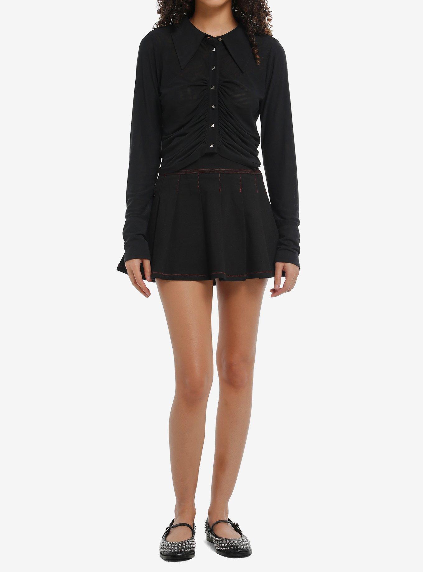 Social Collision Black Pyramid Stud Mesh Girls Crop Long-Sleeve Top, , hi-res