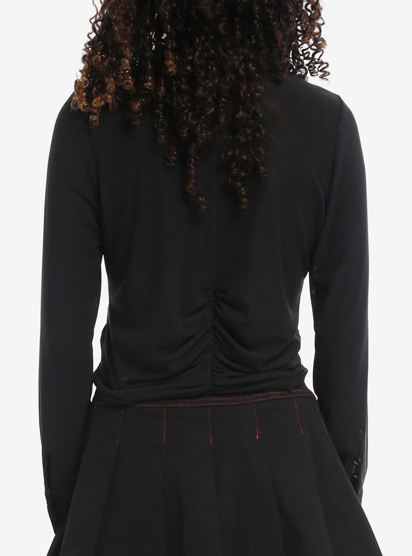 Social Collision Black Pyramid Stud Mesh Girls Crop Long-Sleeve Top, BLACK, alternate