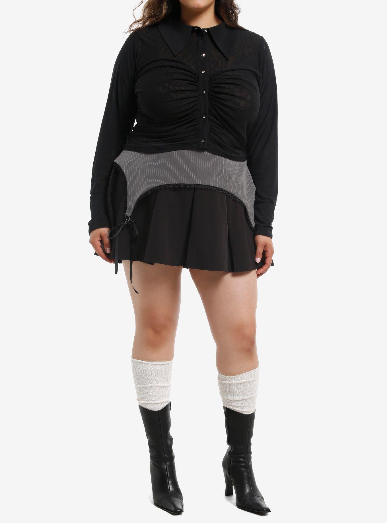 Social Collision Black Pyramid Stud Mesh Girls Crop Long-Sleeve Top Plus Size, , hi-res