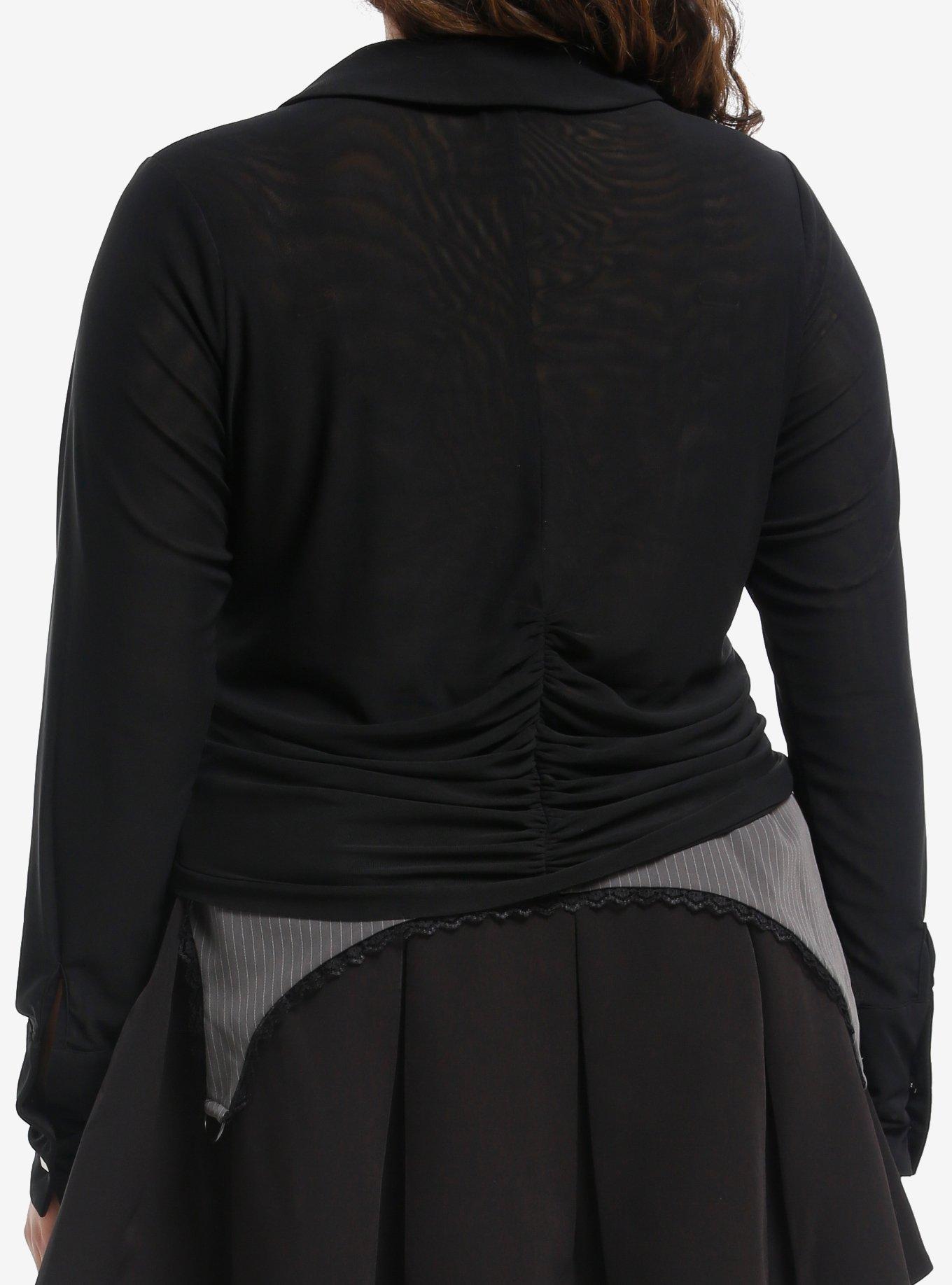 Social Collision Black Pyramid Stud Mesh Girls Crop Long-Sleeve Top Plus Size, BLACK, alternate