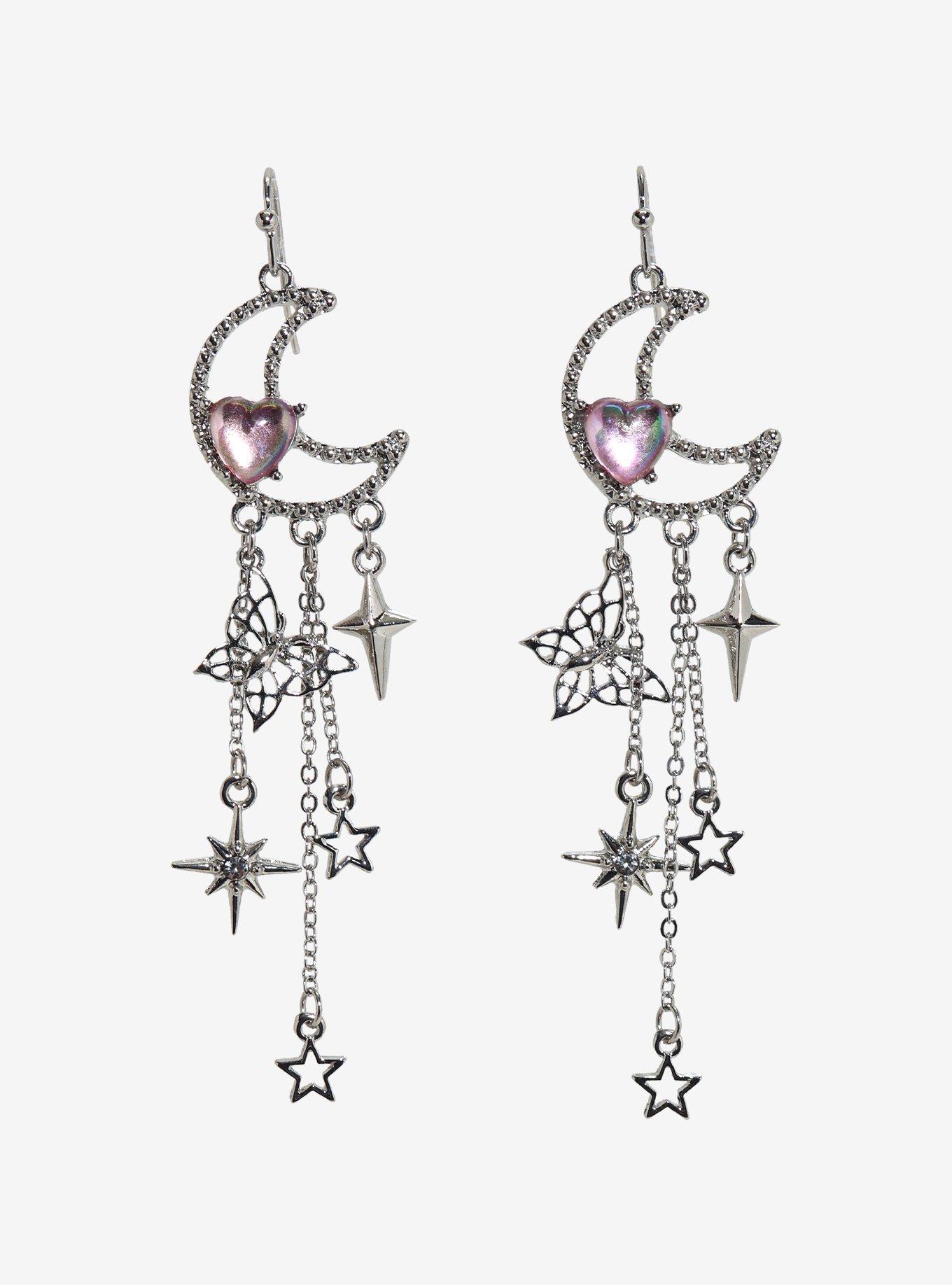 Cosmic Aura Celestial Moon Butterfly Drop Earrings, , hi-res