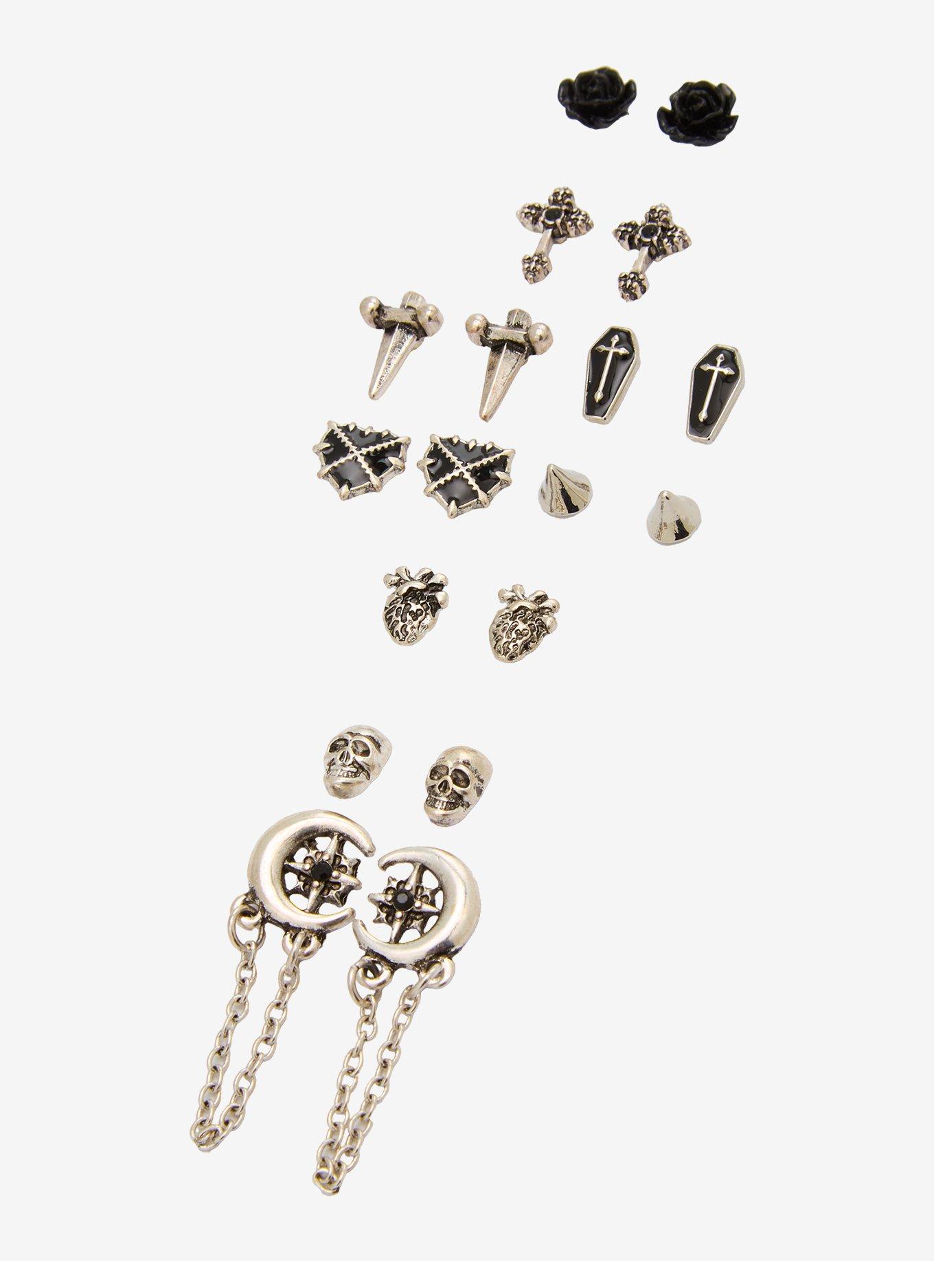 Coffin Moon Cross Stud Earring Set, , alternate
