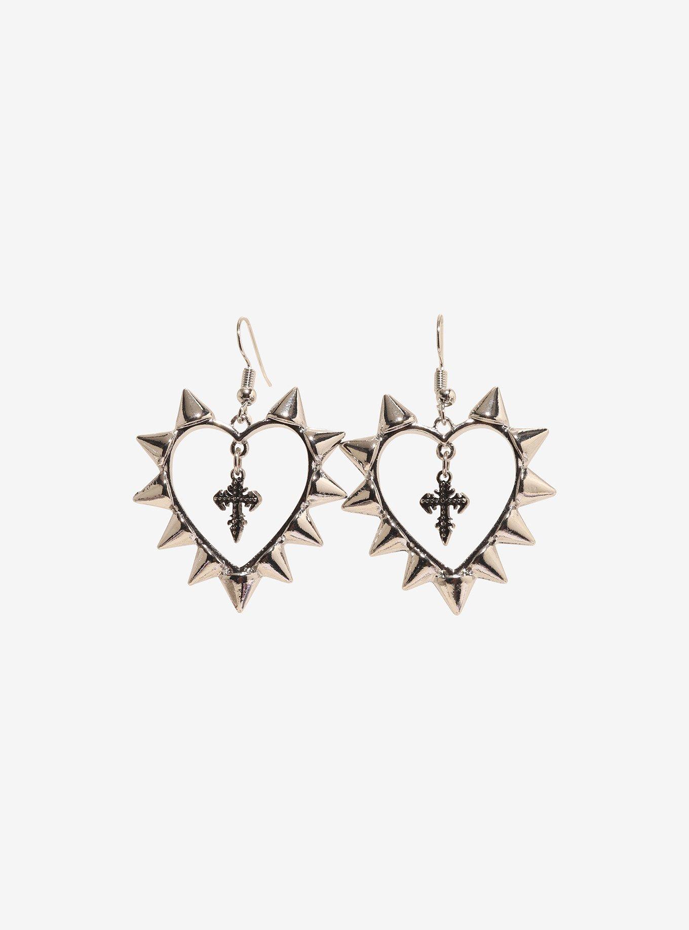Social Collision Spike Heart Cross Drop Earrings, , hi-res