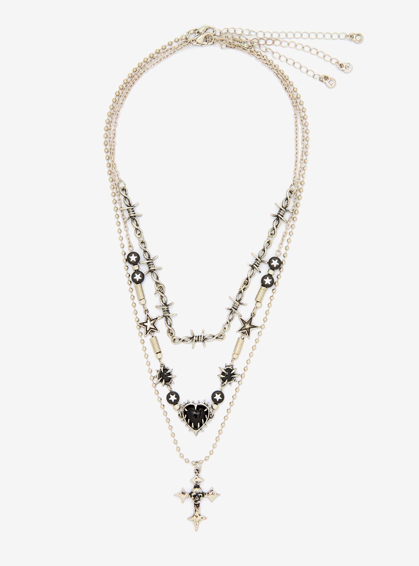 Skull Cross Spiky Heart Necklace Set, , hi-res