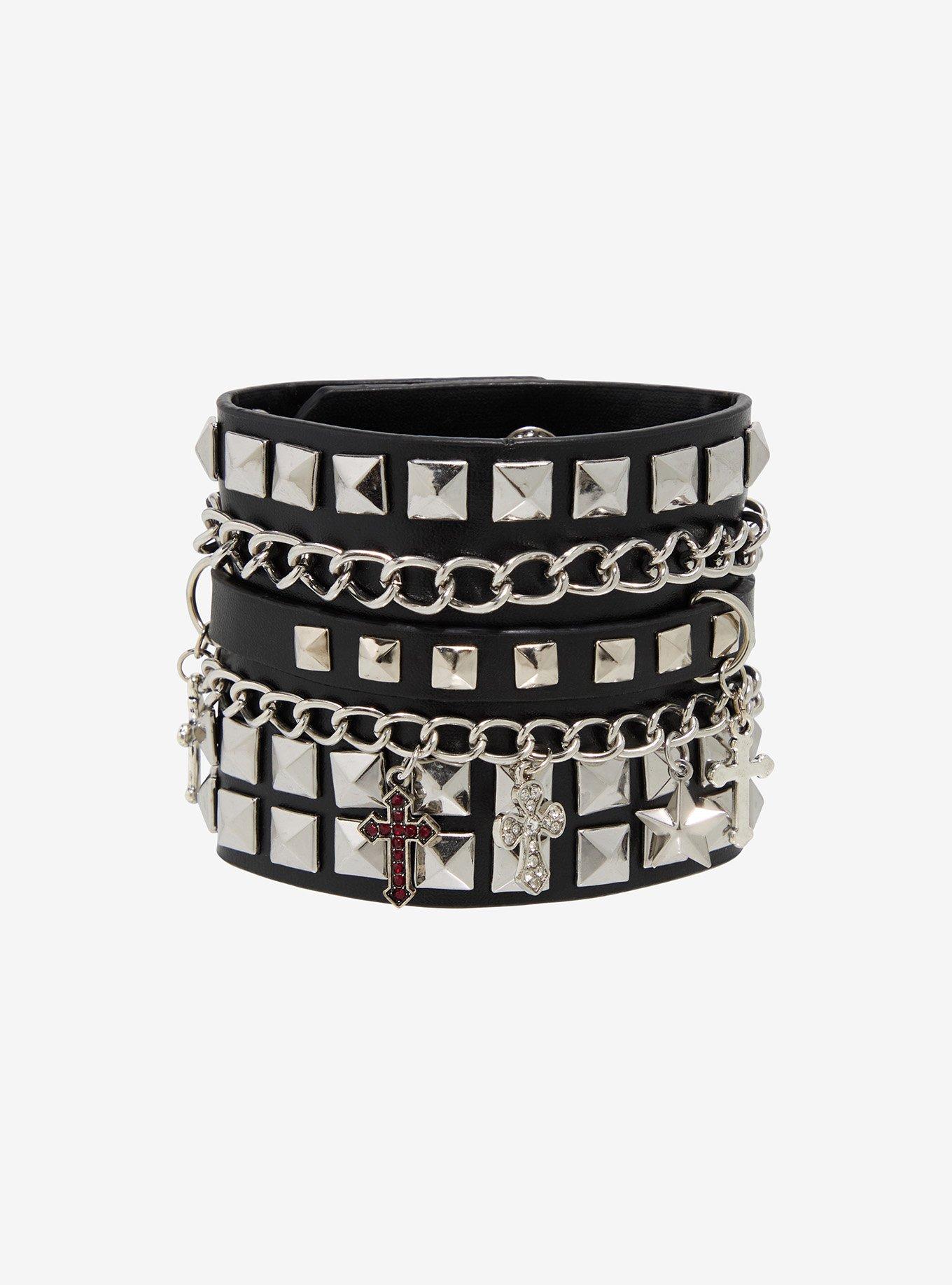 Pyramid Stud Cross Chain Faux Leather Cuff Bracelet, , hi-res