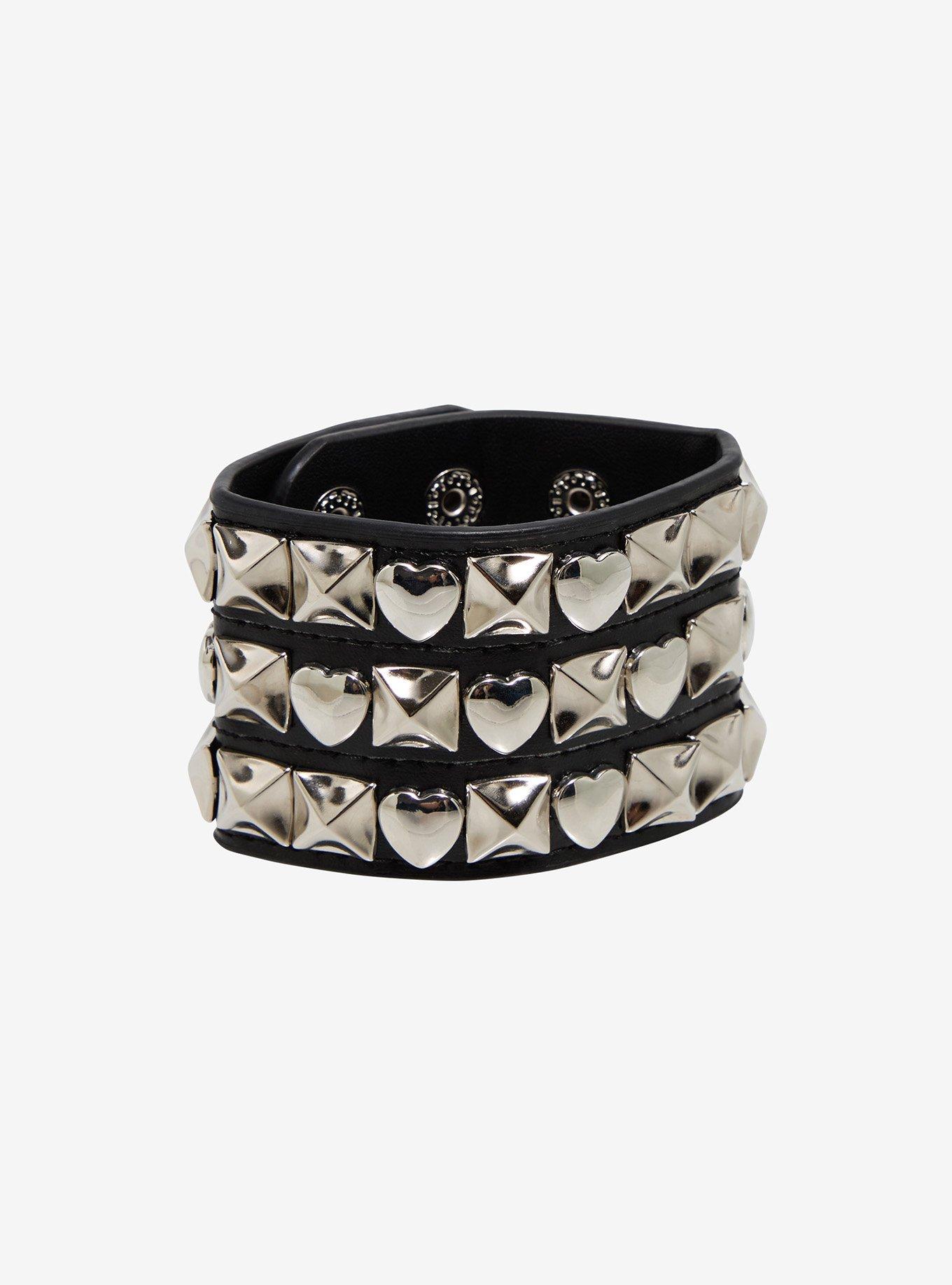Black & Silver Pyramid Stud Heart Cuff Bracelet, , hi-res