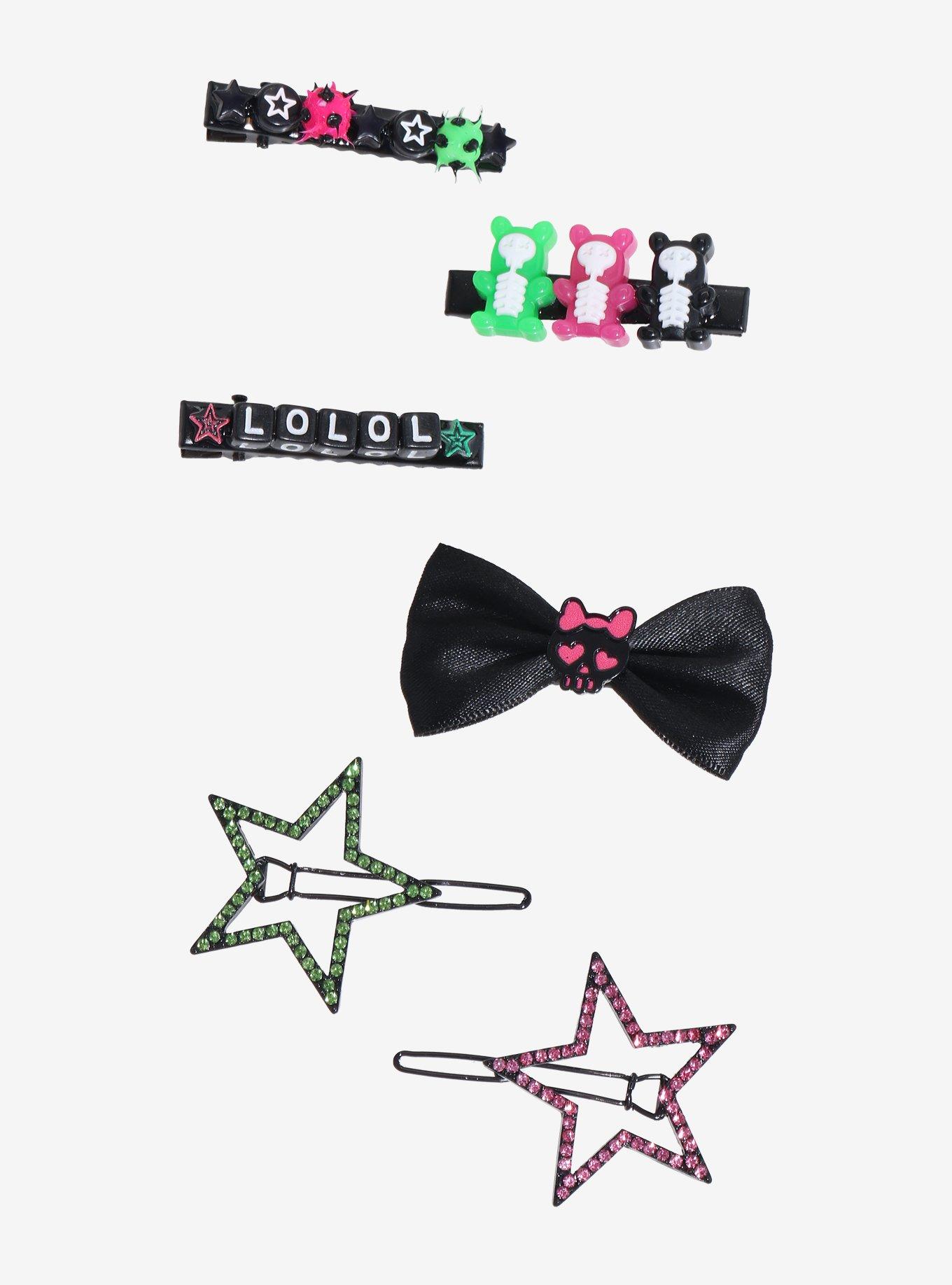 Scene Kid Star Skull Bow Hair Clip Set, , hi-res