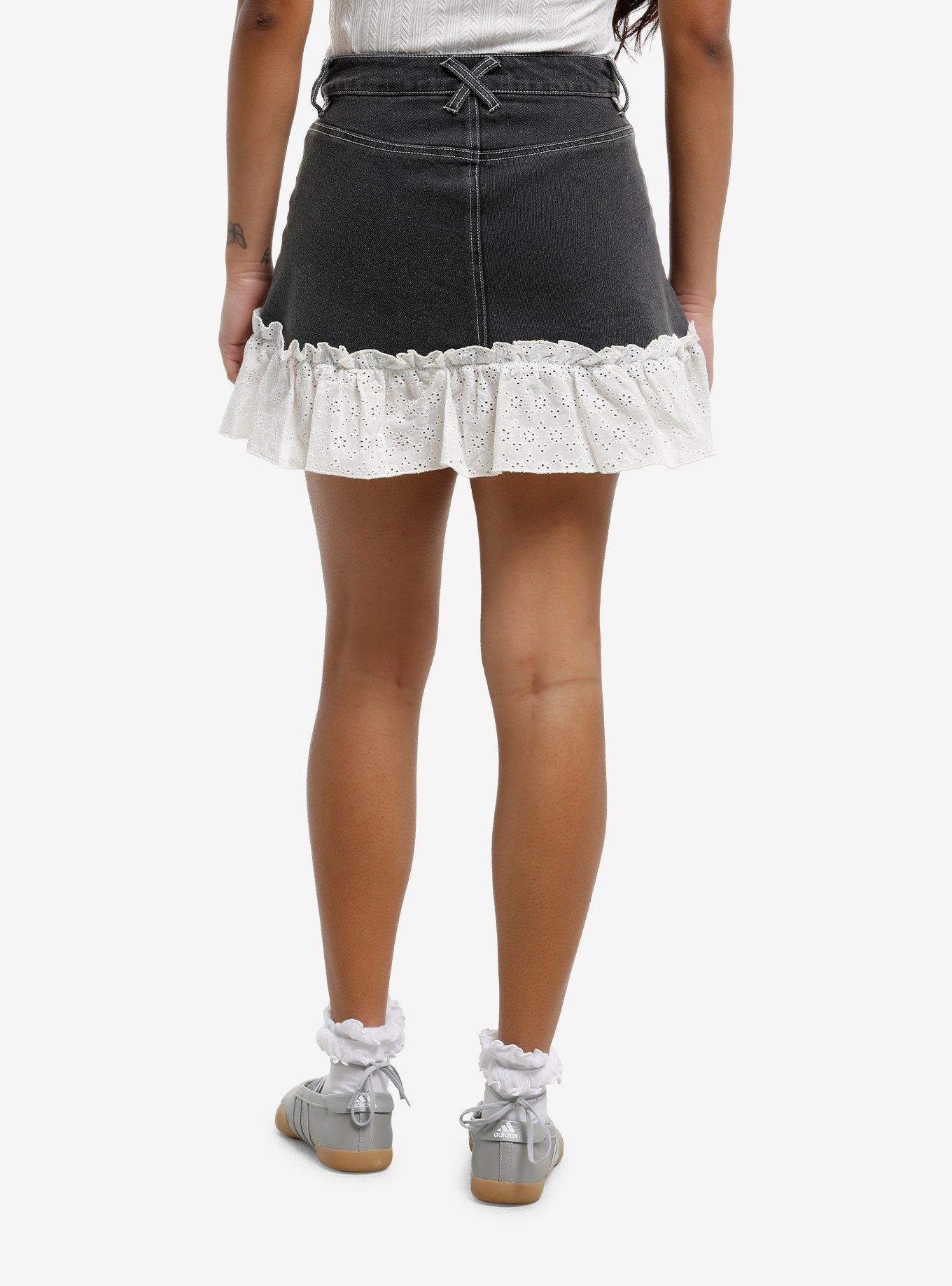 Sweet Society Grey Denim Eyelet Trim Mini Skirt, , hi-res