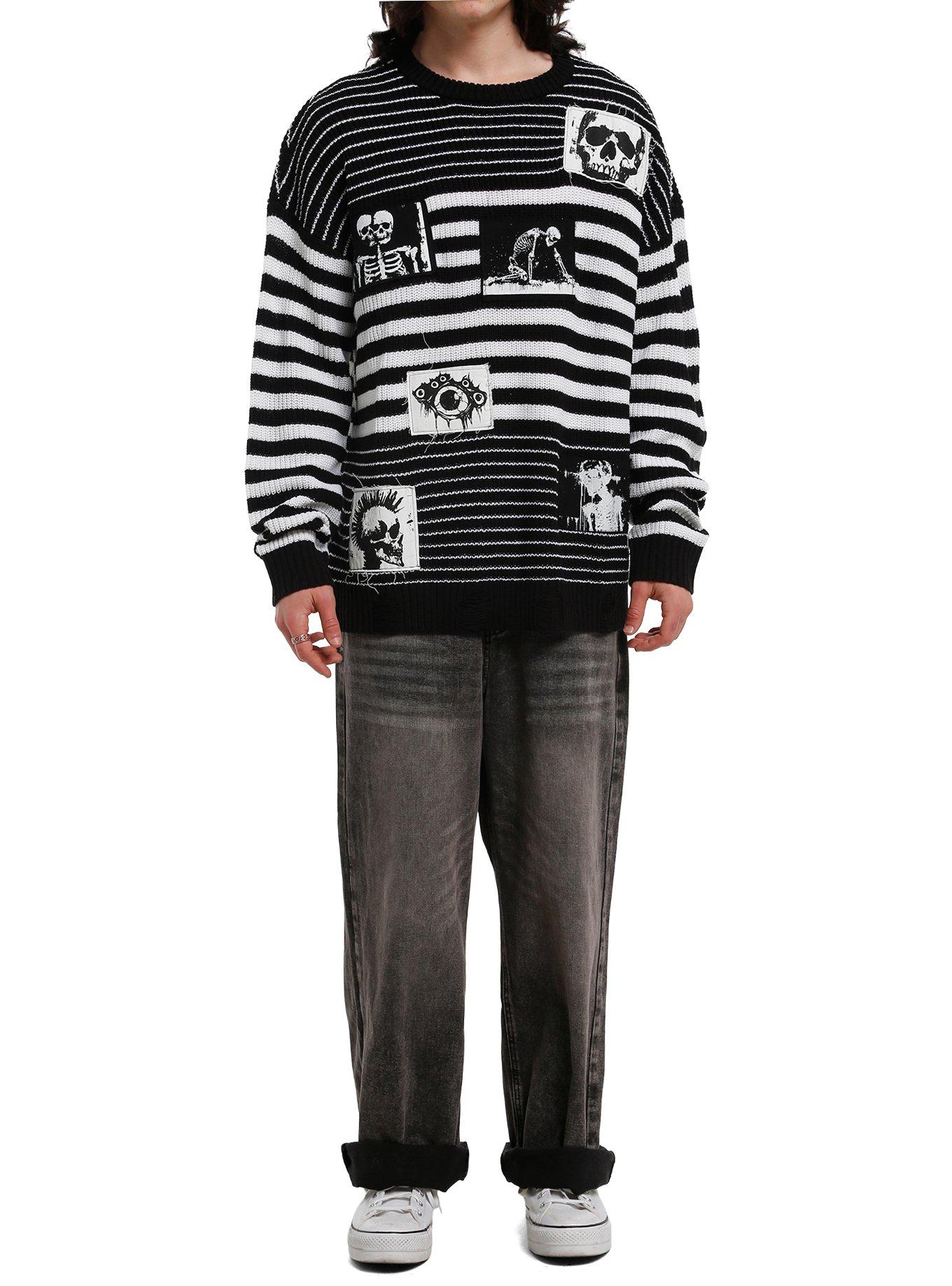 Black & White Stripe Patches Knit Sweater, , hi-res