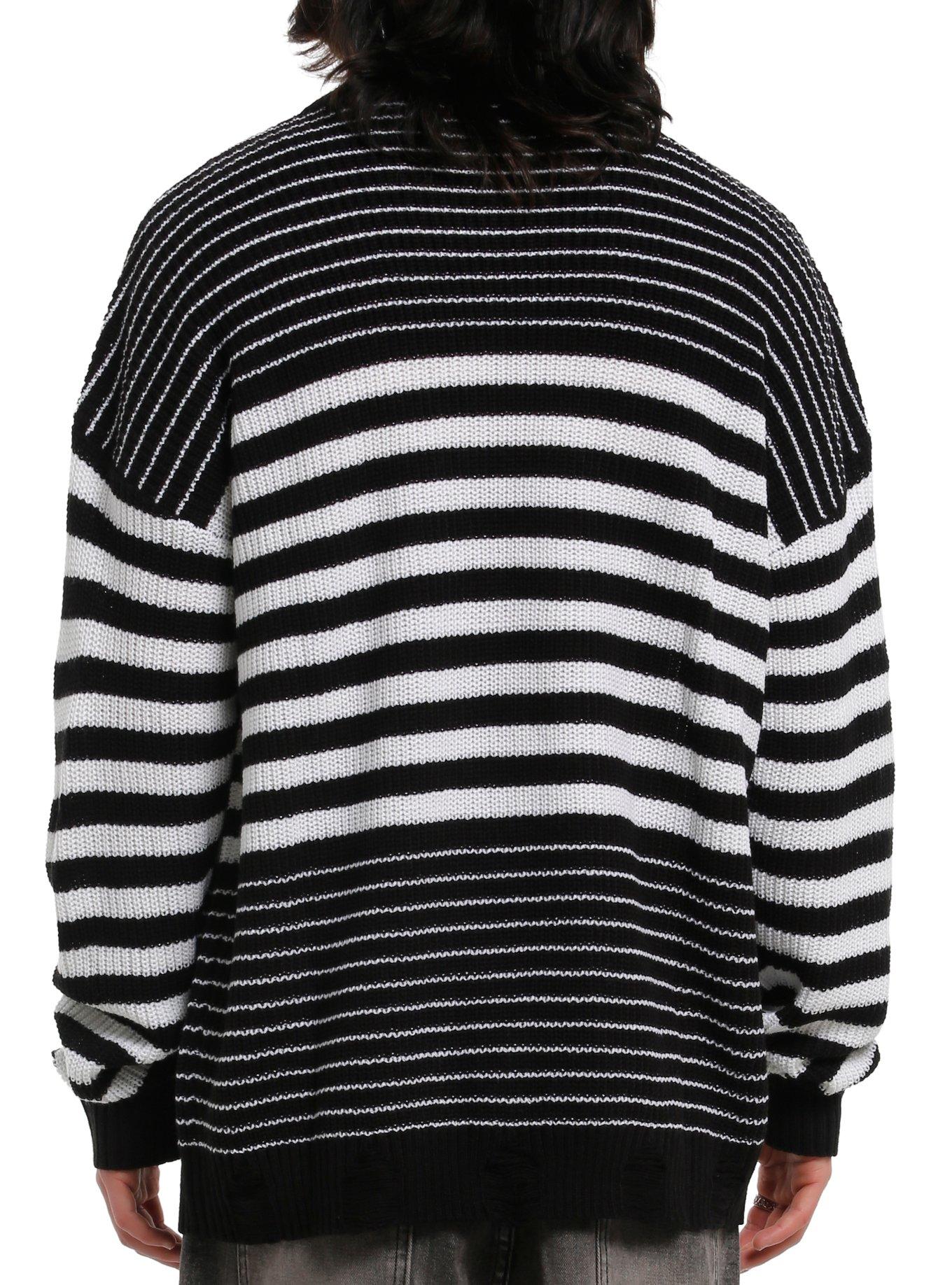 Black & White Stripe Patches Knit Sweater, , alternate