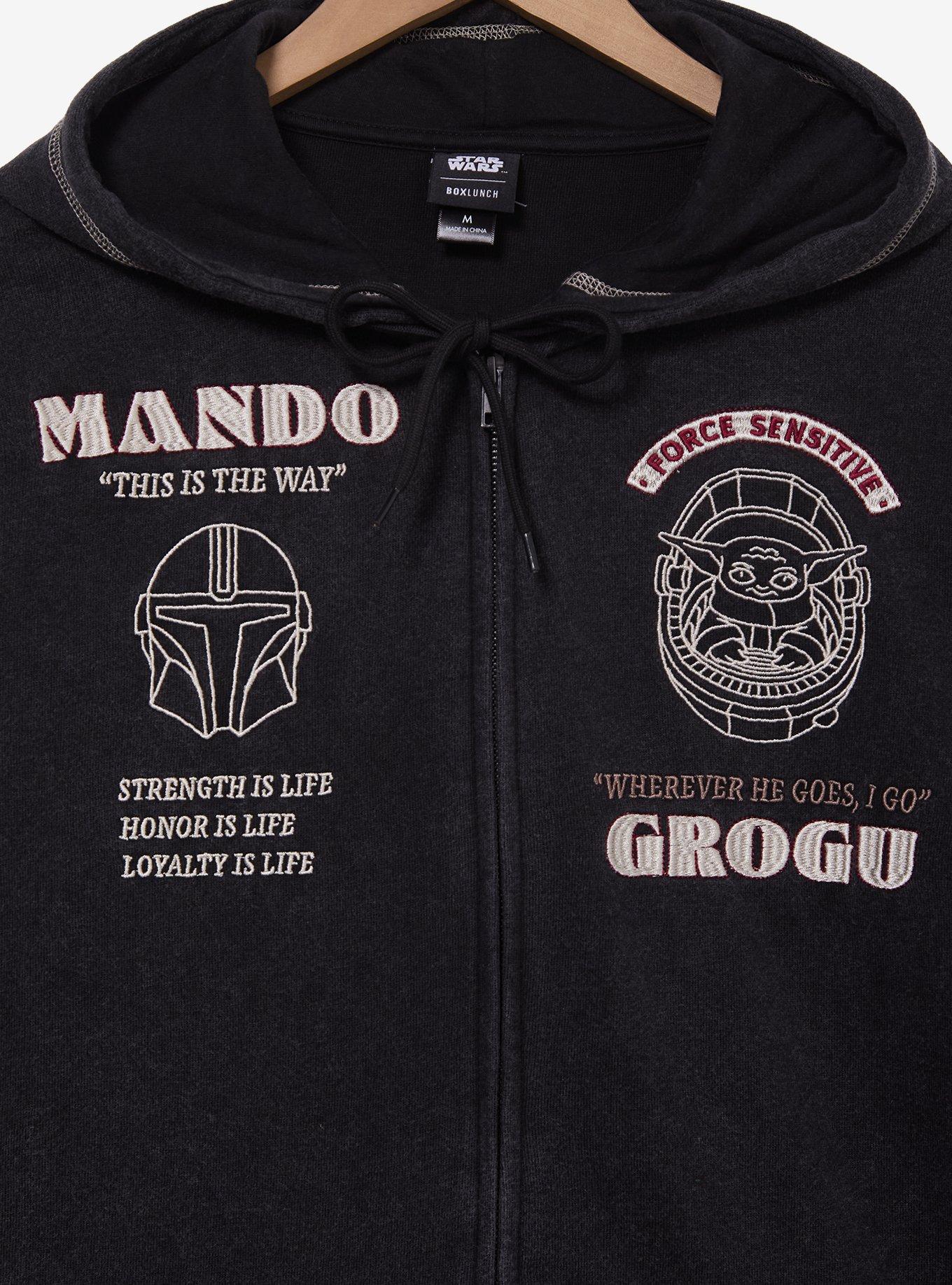 Star Wars The Mandalorian Grogu & Mando Embroidered Icons Zippered Hoodie - BoxLunch Exclusive, BLACK, alternate