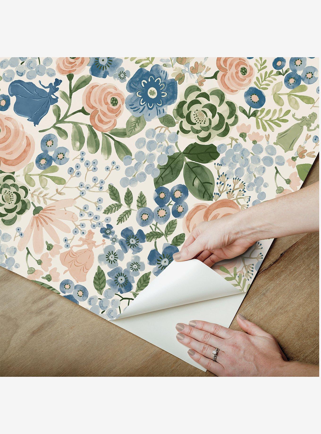 Disney Princesses Blue Watercolor Floral Peel & Stick Wallpaper, , hi-res