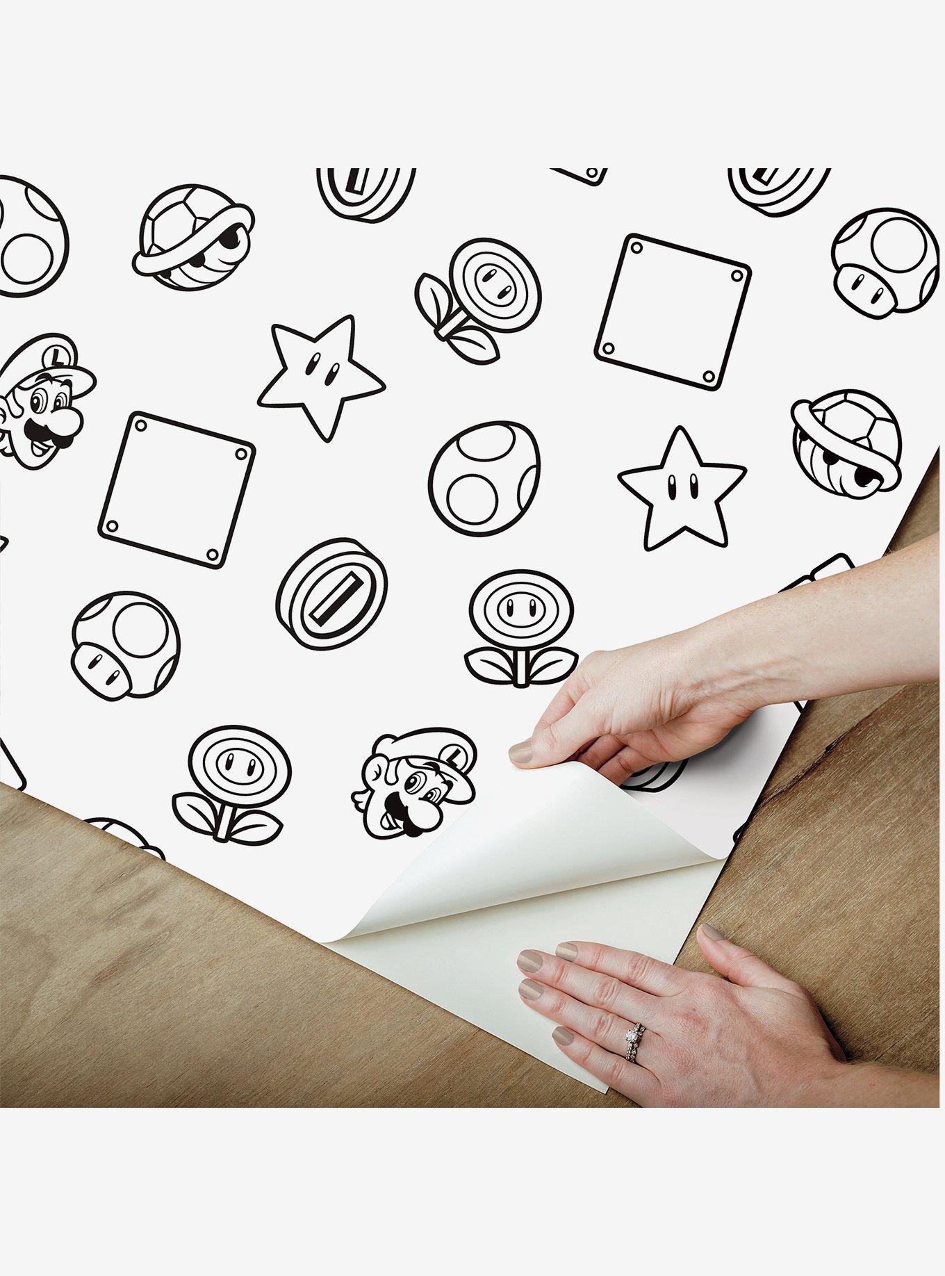 Super Mario Power Up Icons Black and White Peel & Stick Wallpaper, , alternate