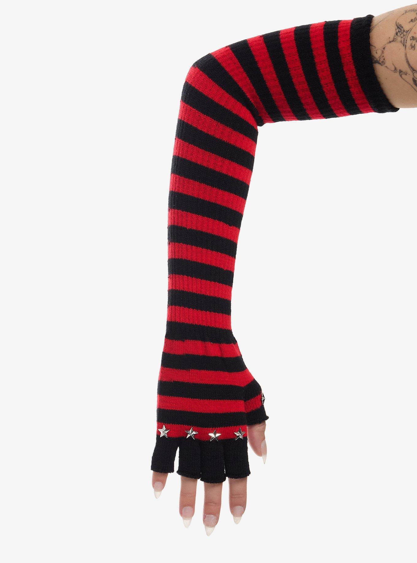 Black & Red Stripe Star Stud Arm Warmers, , hi-res