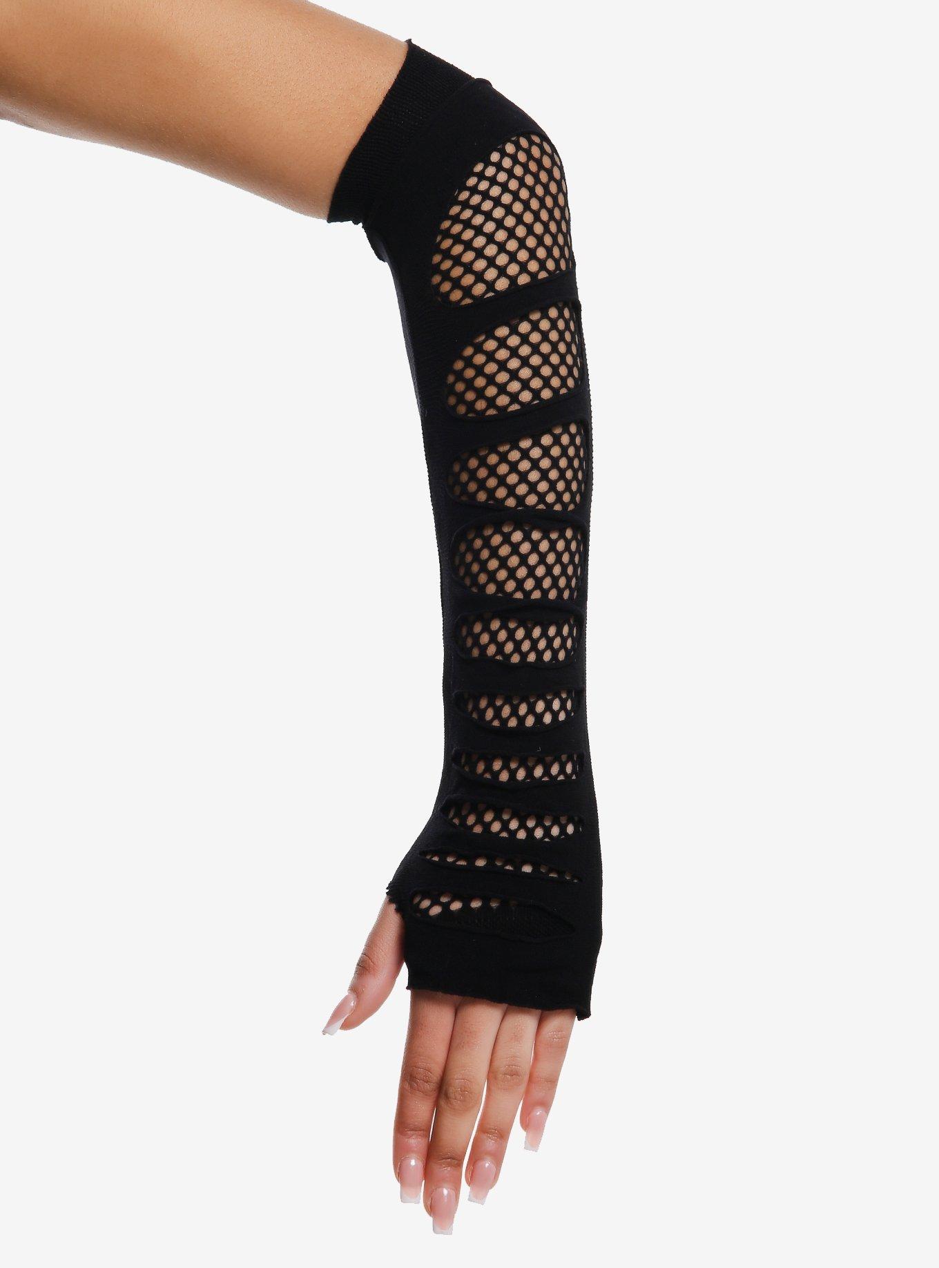 Black Cutout Fishnet Arm Warmers, , hi-res