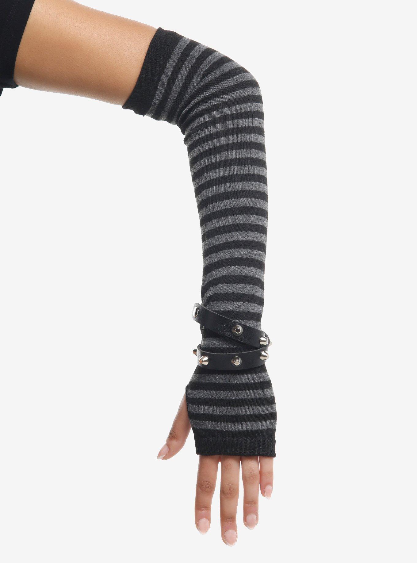Grey & Black Stripe Faux Leather Spike Arm Warmers, , hi-res