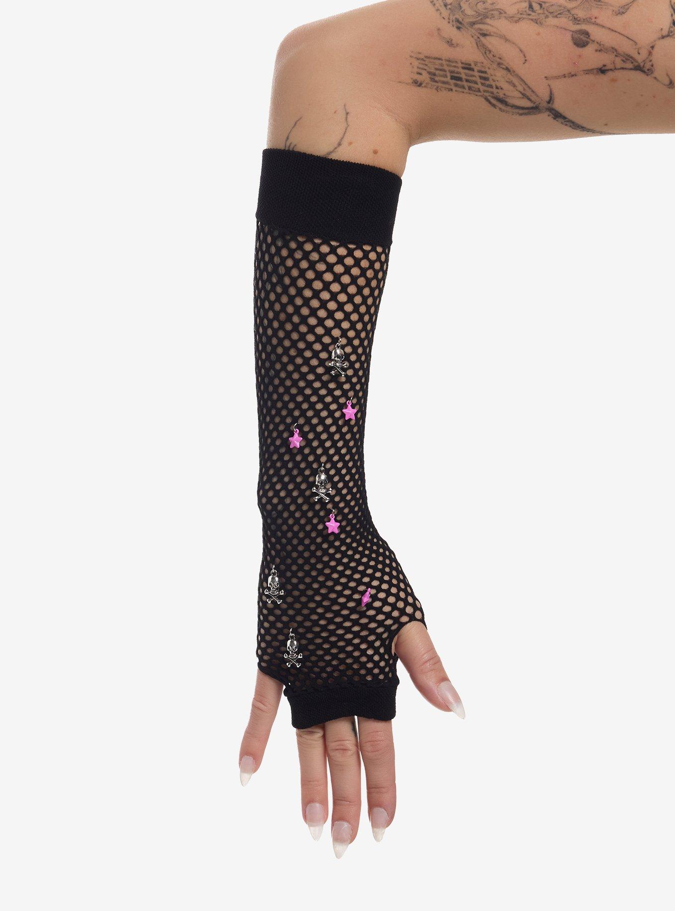 Skull & Pink Star Charms Fishnet Arm Warmers, , hi-res