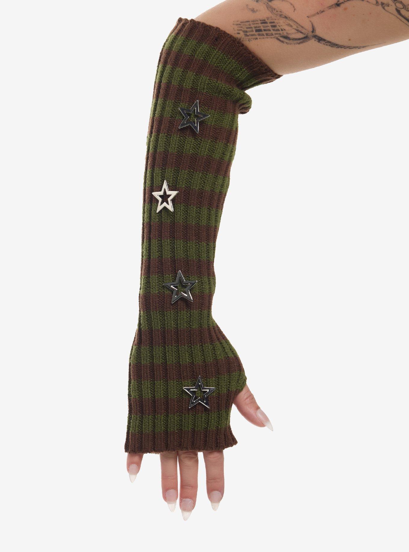 Green & Brown Stripe Star Stud Arm Warmers, , hi-res