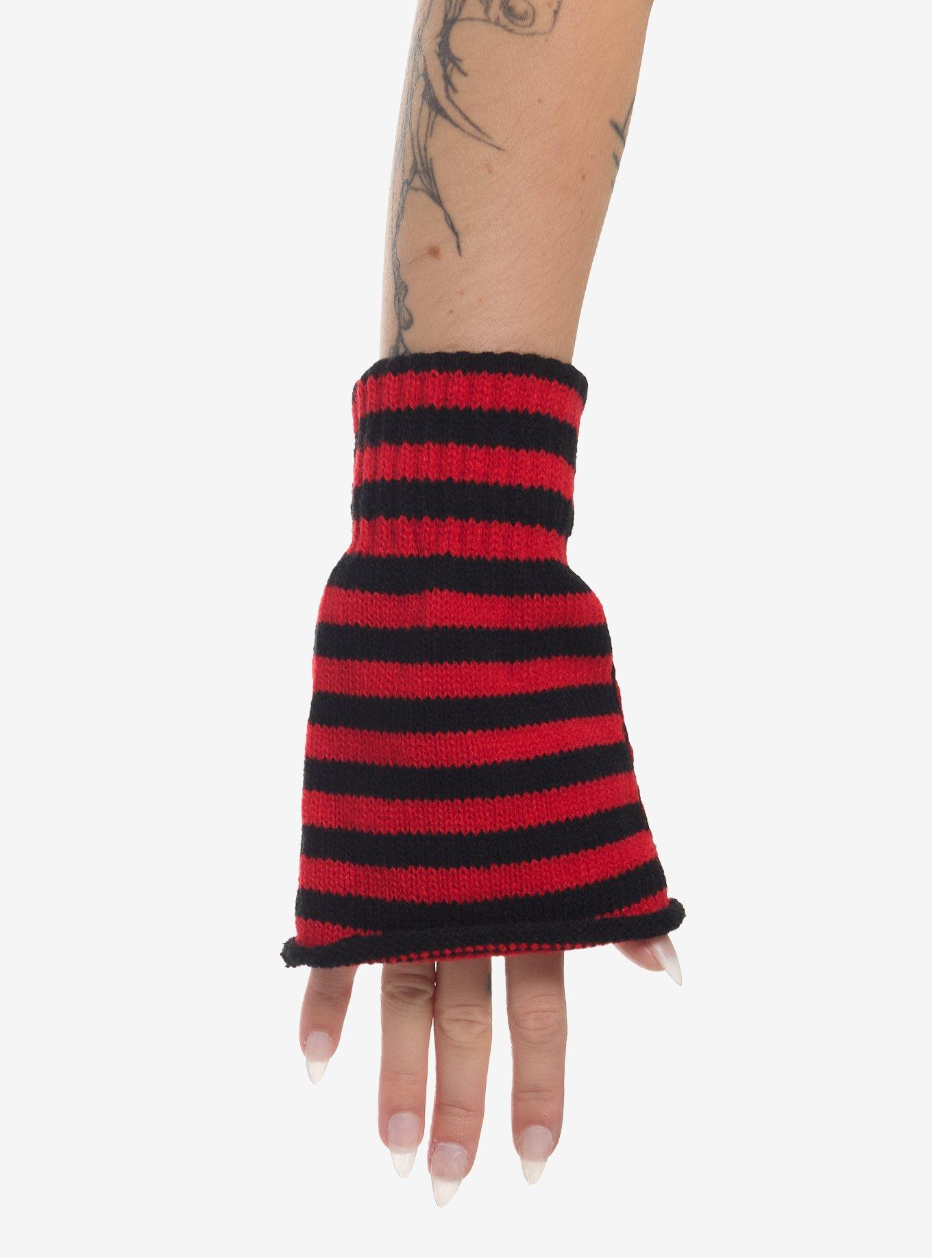 Red & Black Stripe Flare Fingerless Gloves, , hi-res
