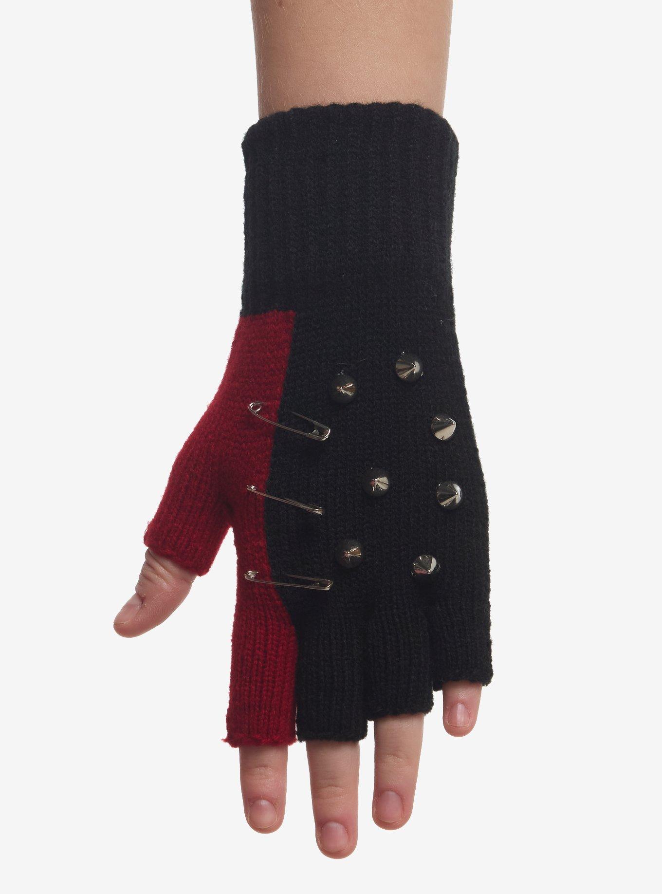 Black & Red Split Hardware Fingerless Gloves, , hi-res