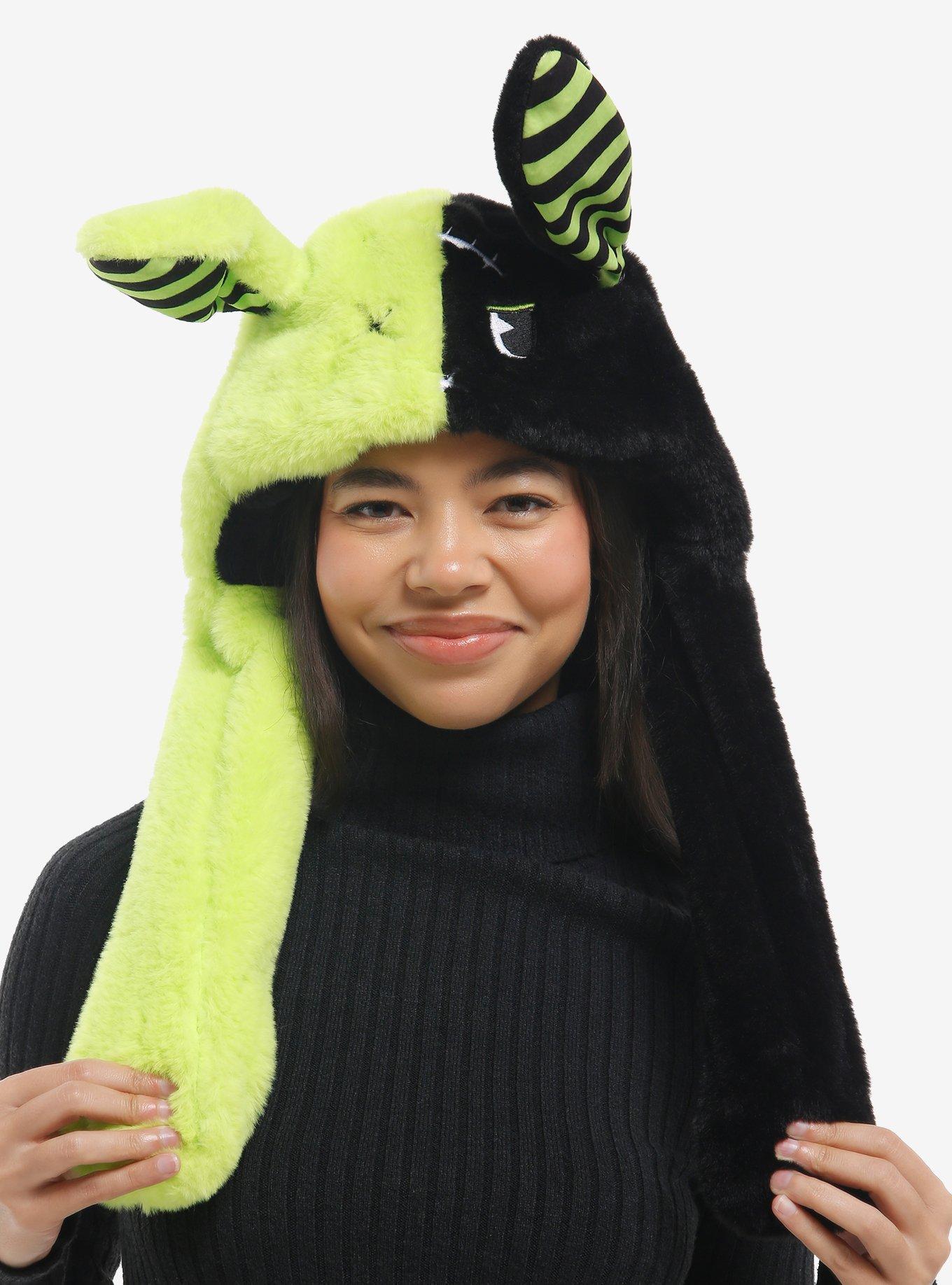 Black & Green Split Bunny Beanie With Moveable Ears, , hi-res