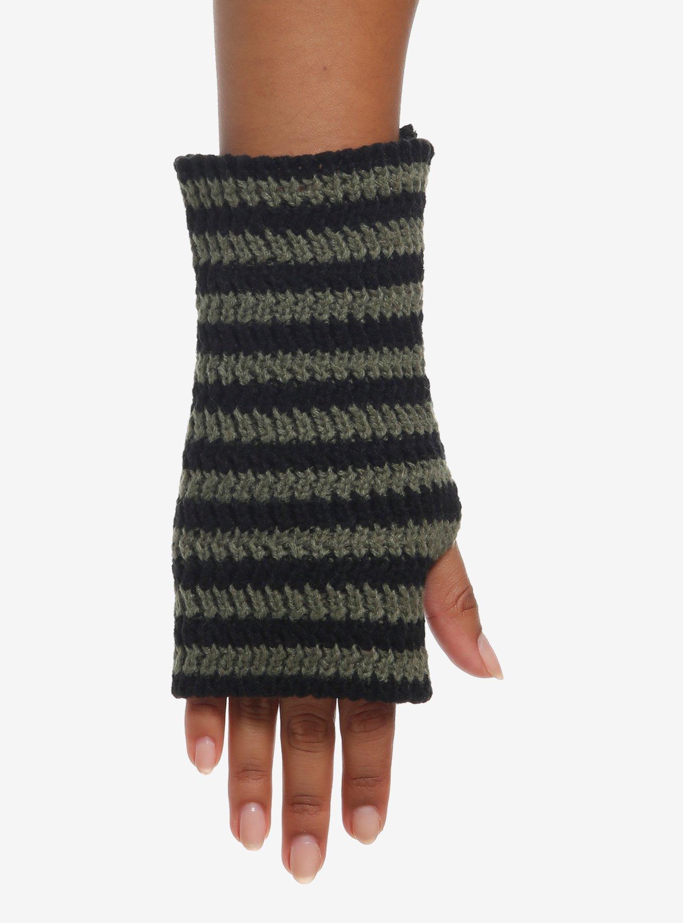 Green & Black Star & Stripe Knit Fingerless Glove Set, , hi-res