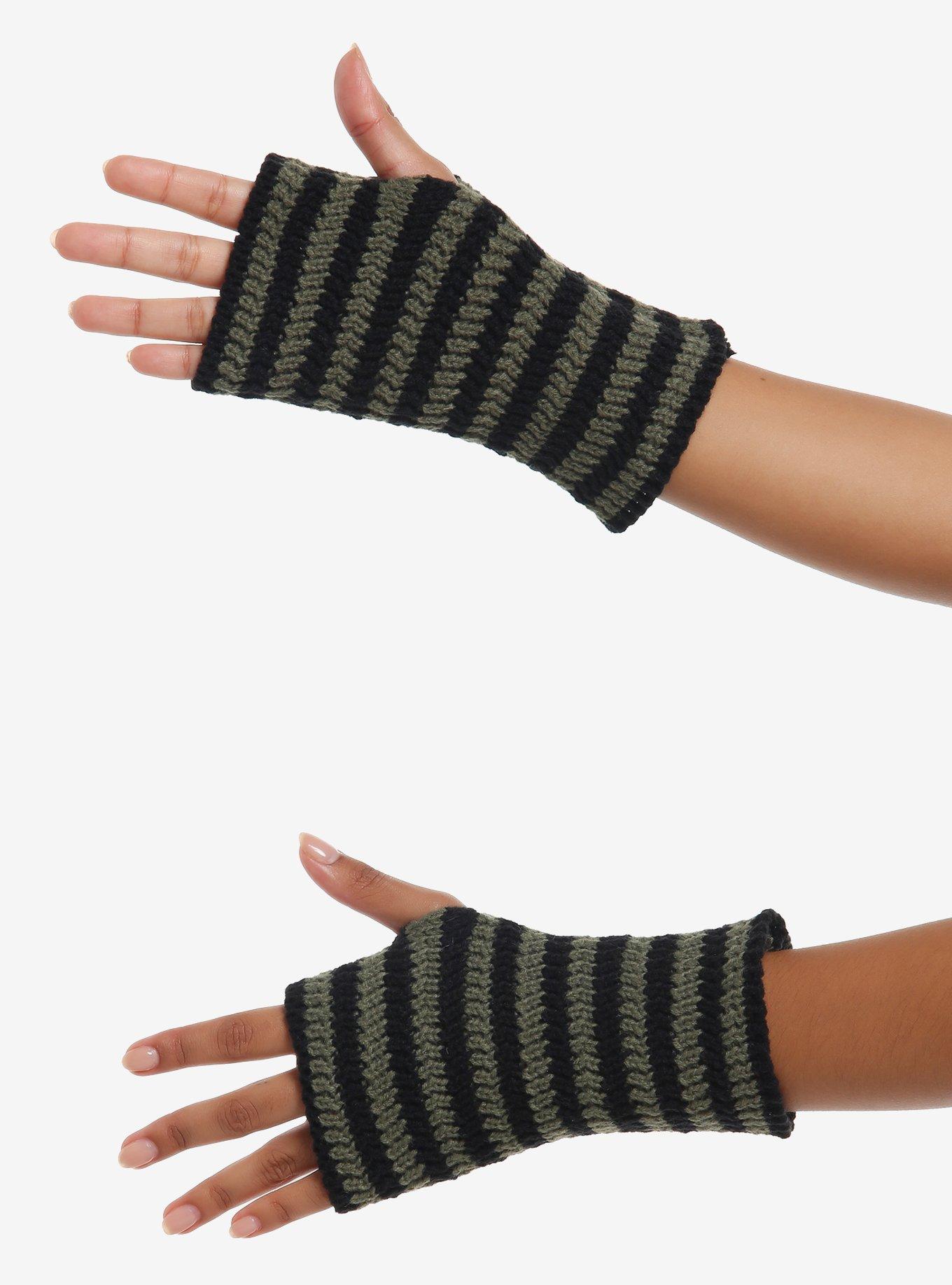 Green & Black Star & Stripe Knit Fingerless Glove Set, , alternate