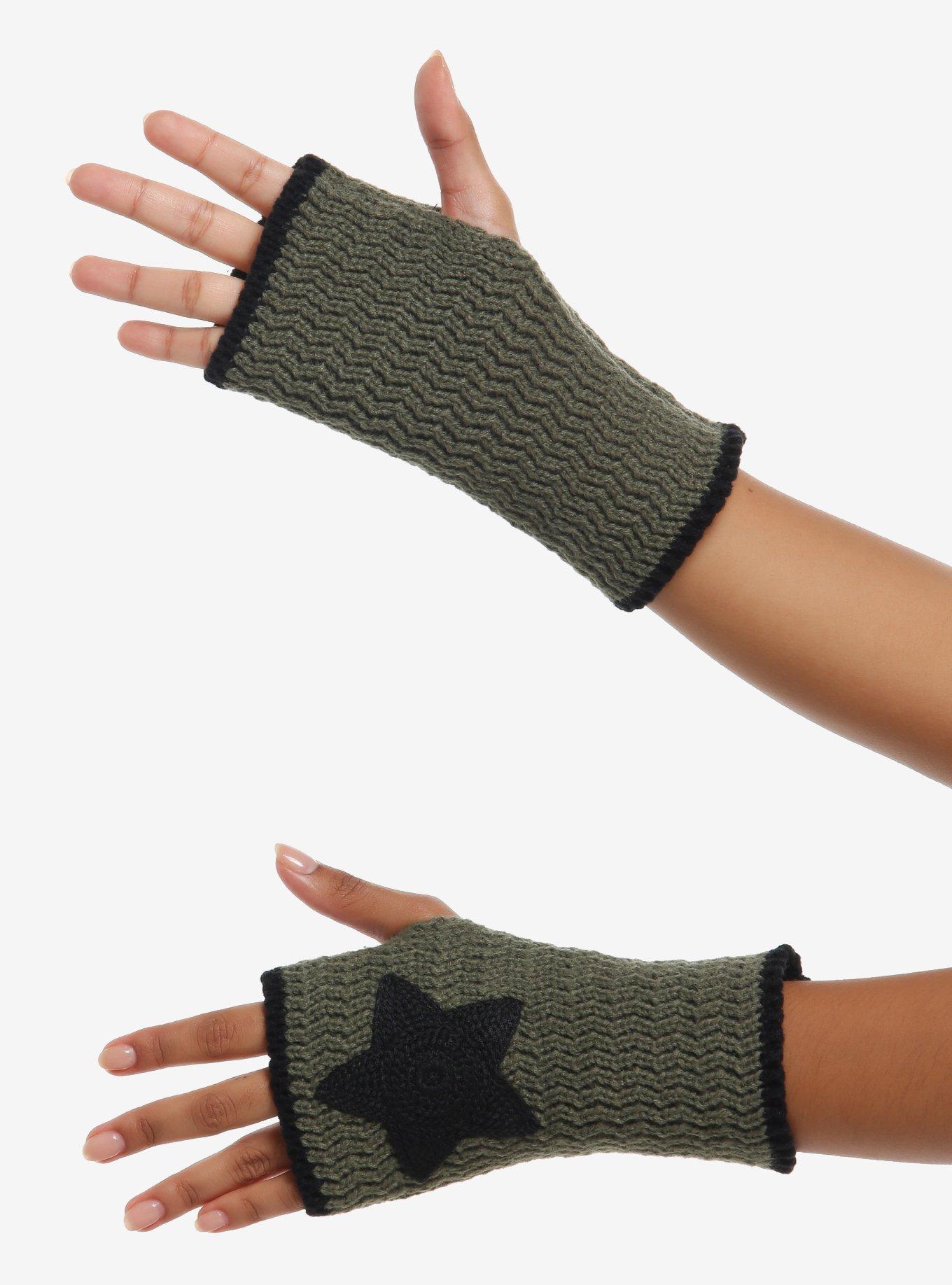 Green & Black Star & Stripe Knit Fingerless Glove Set, , alternate