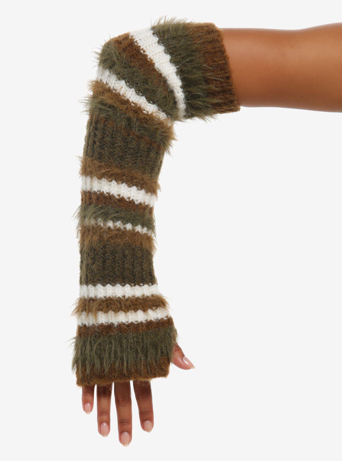 Green & Brown Stripe Fuzzy Arm Warmers, , hi-res