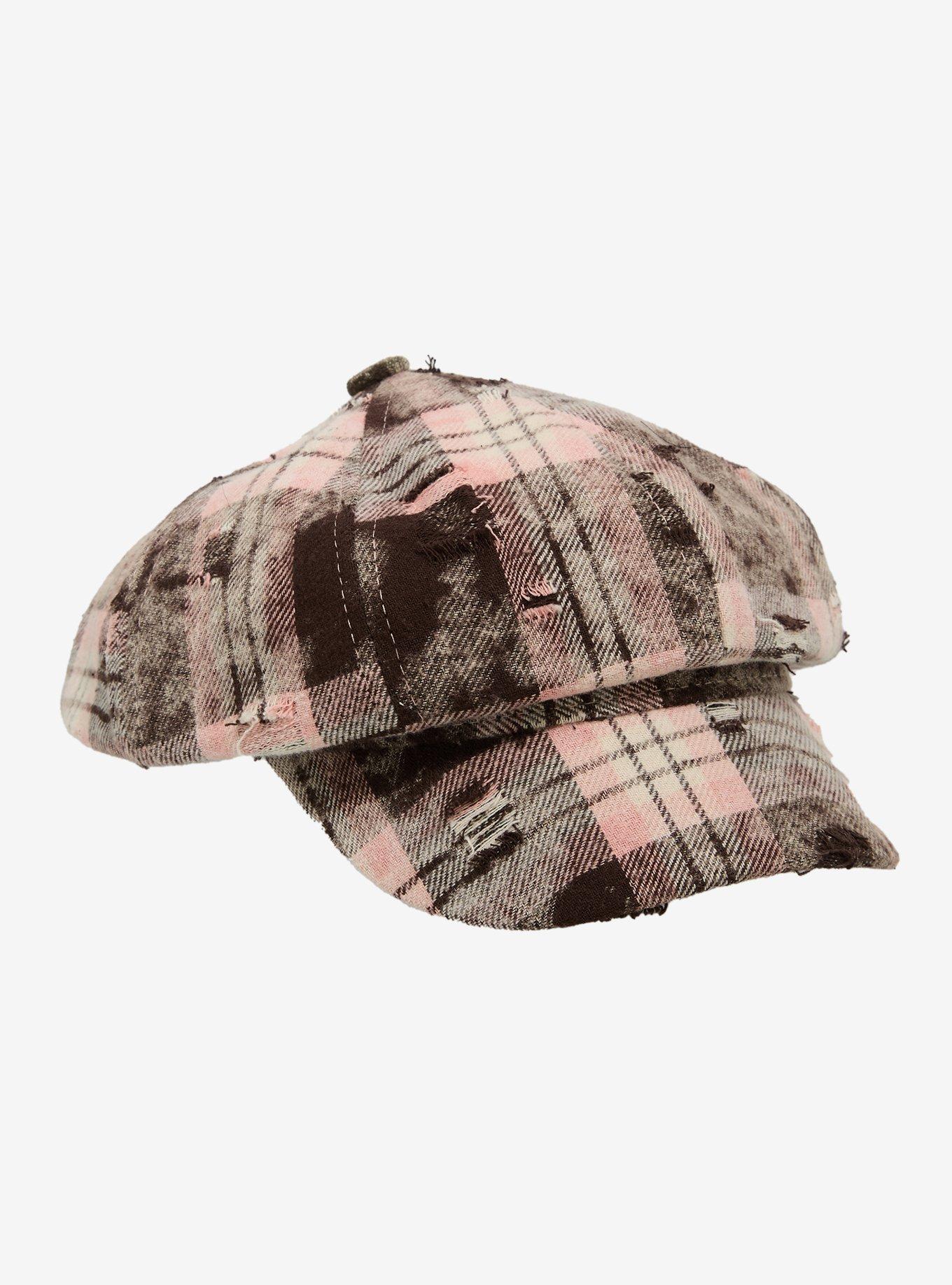 Brown & Pink Plaid Destructed Cabbie Hat, , hi-res