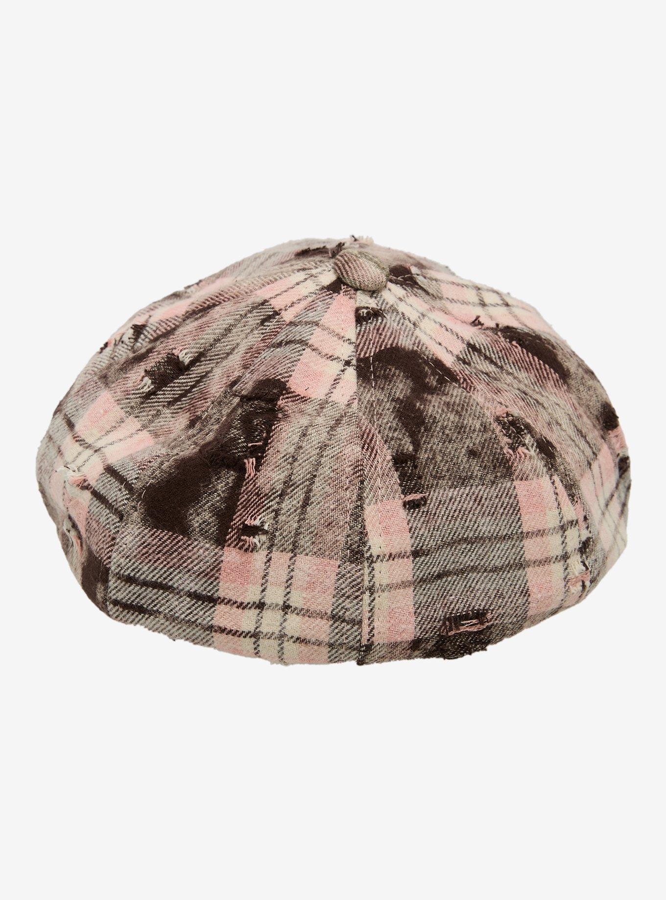 Brown & Pink Plaid Destructed Cabbie Hat, , alternate