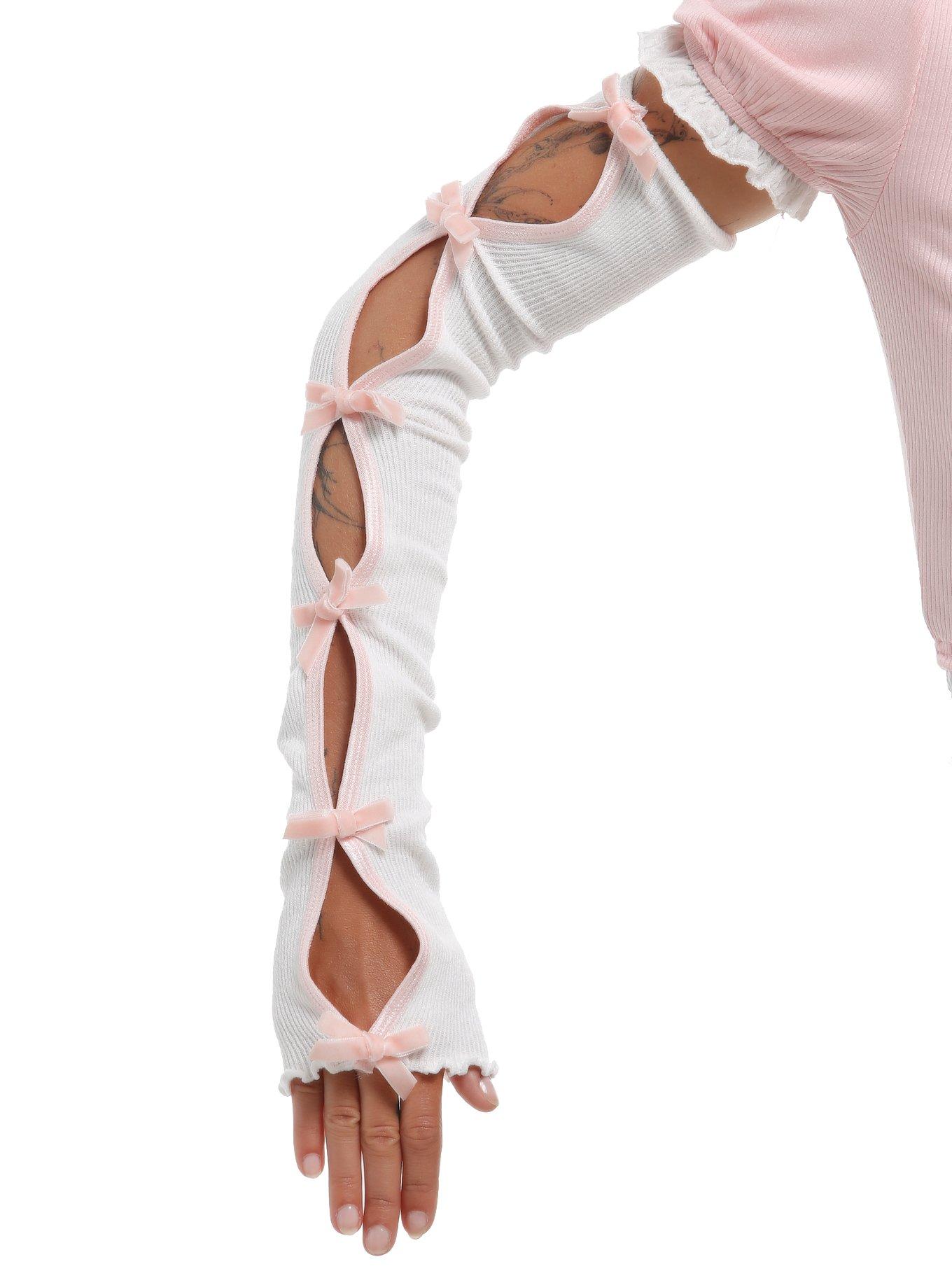White & Pink Bow Cutout Arm Warmers, , hi-res