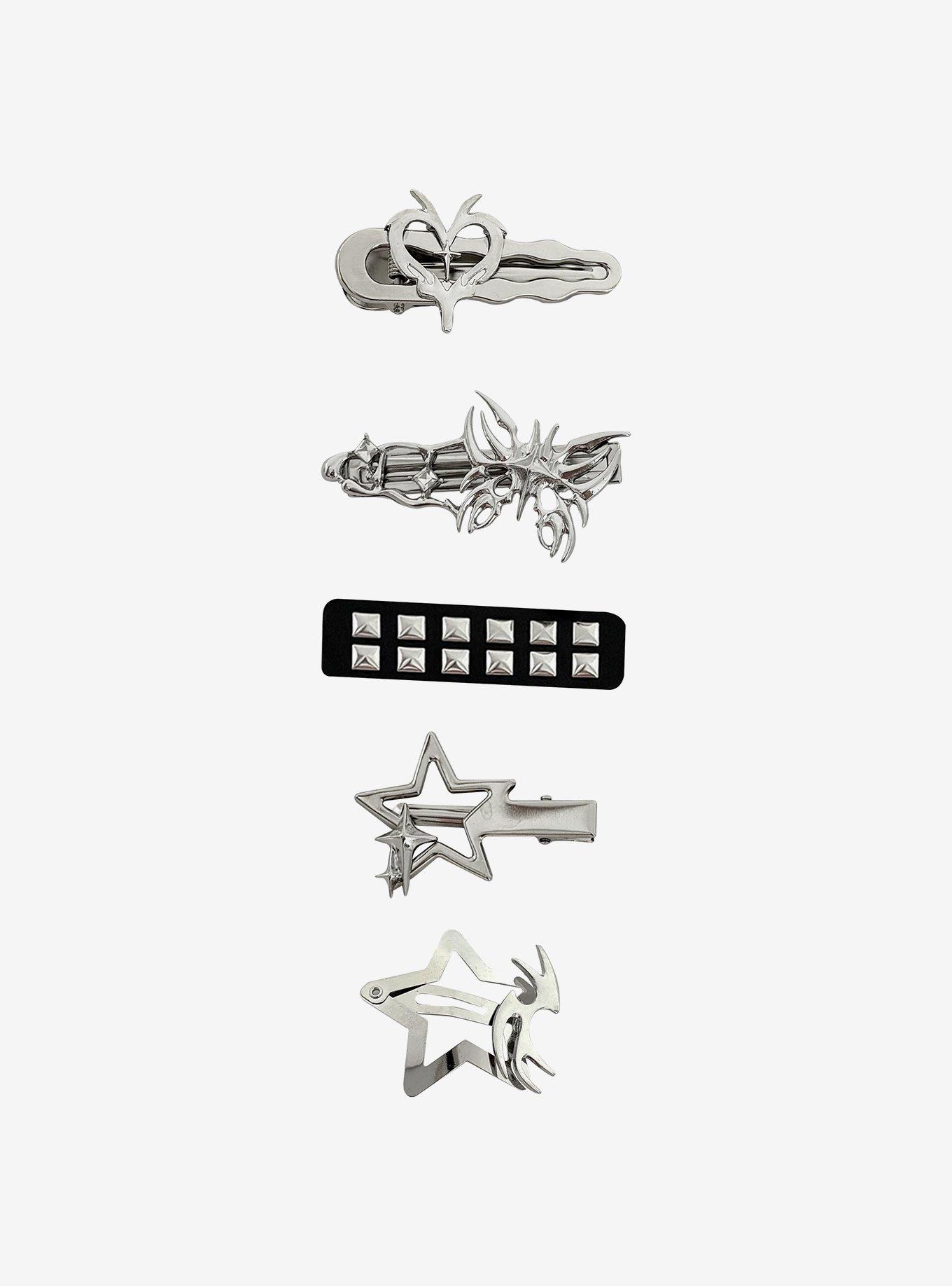 Chrome Icon Pyramid Stud Hair Clip Set, , hi-res
