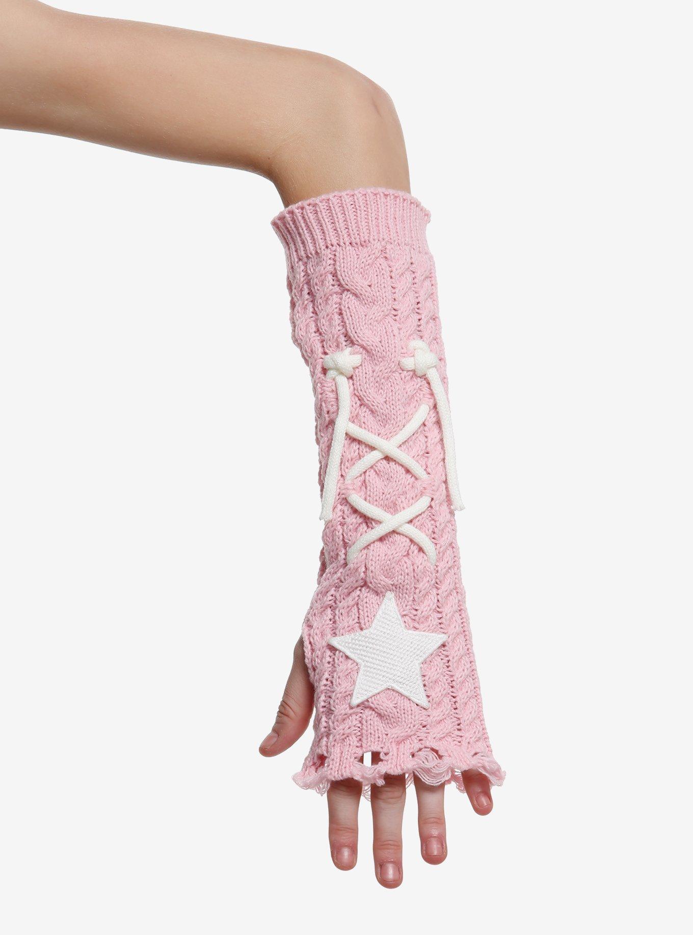 Pink Cable Knit Star Lace-Up Arm Warmers, , hi-res