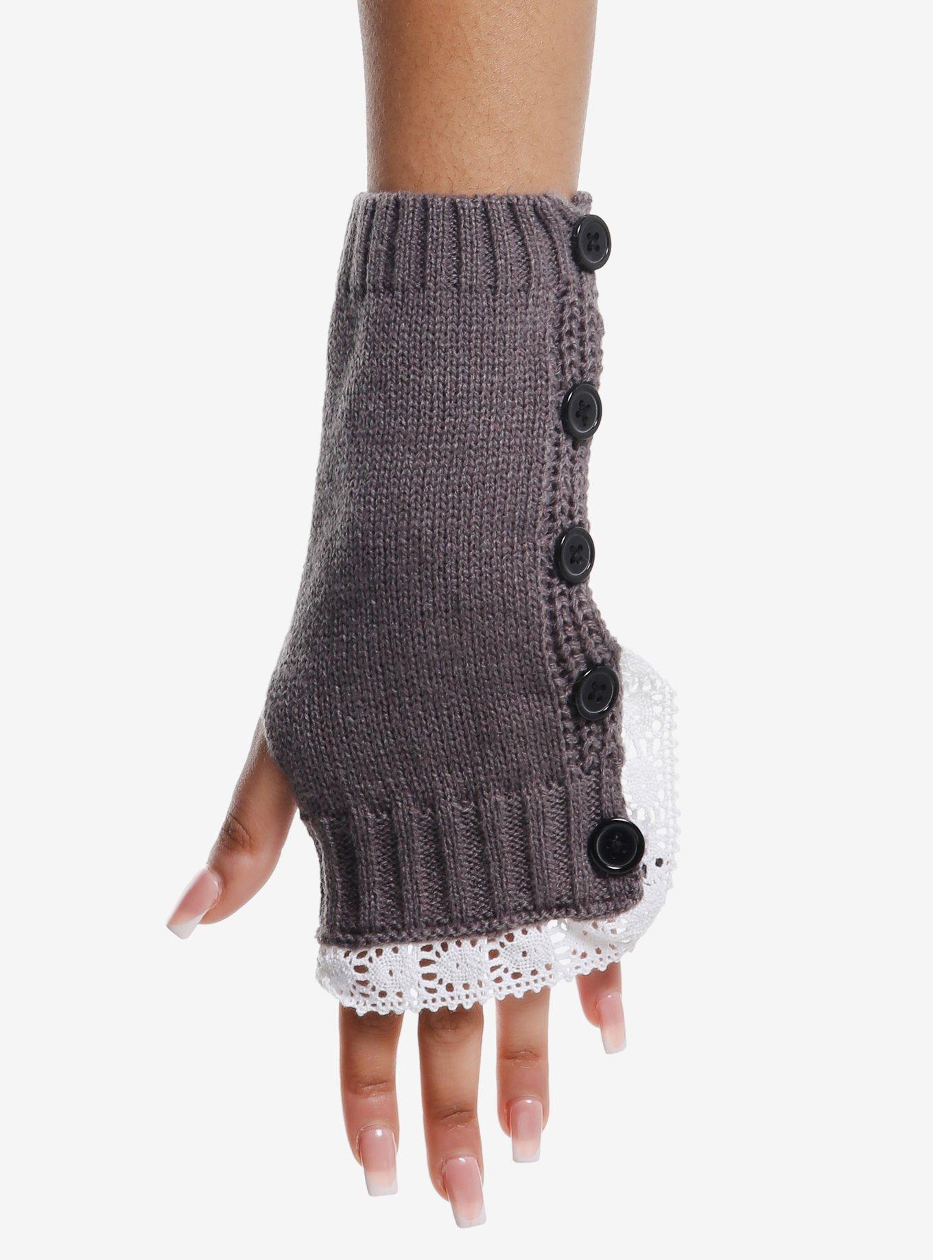 Grey Button Lace Trim Arm Warmers, , hi-res
