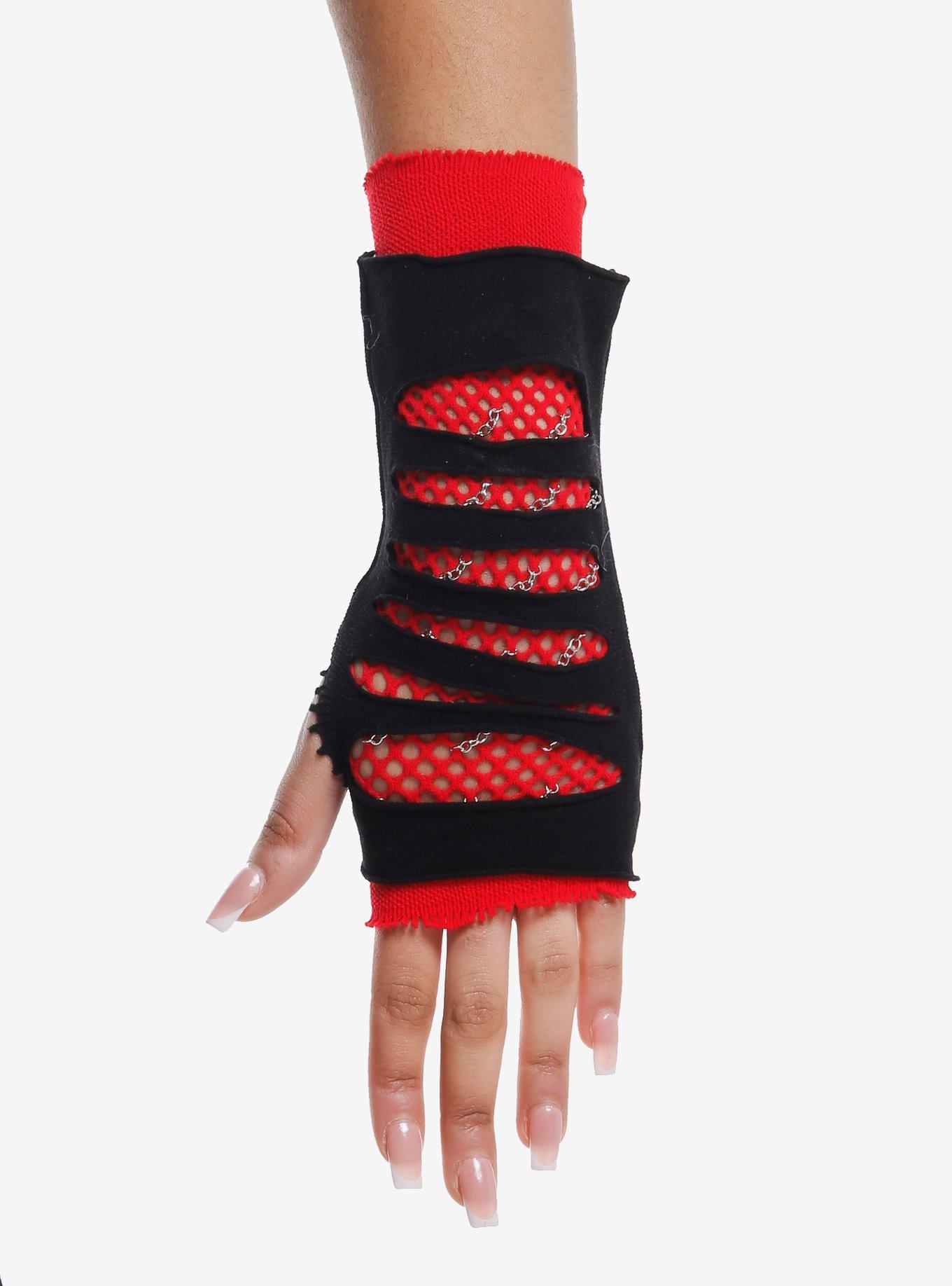 Black & Red Chain Destructed Layered Fishnet Arm Warmers, , hi-res