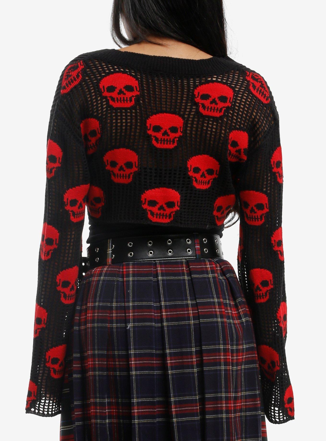 Black & Red Skull Girls Crop Sweater, RED, alternate