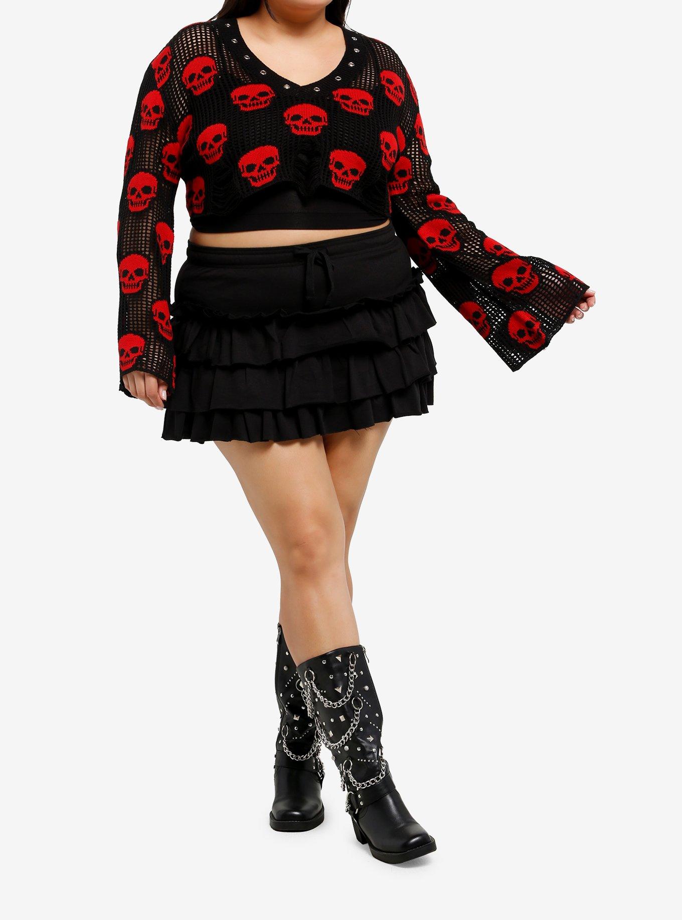 Black & Red Skull Girls Crop Sweater Plus Size, , hi-res