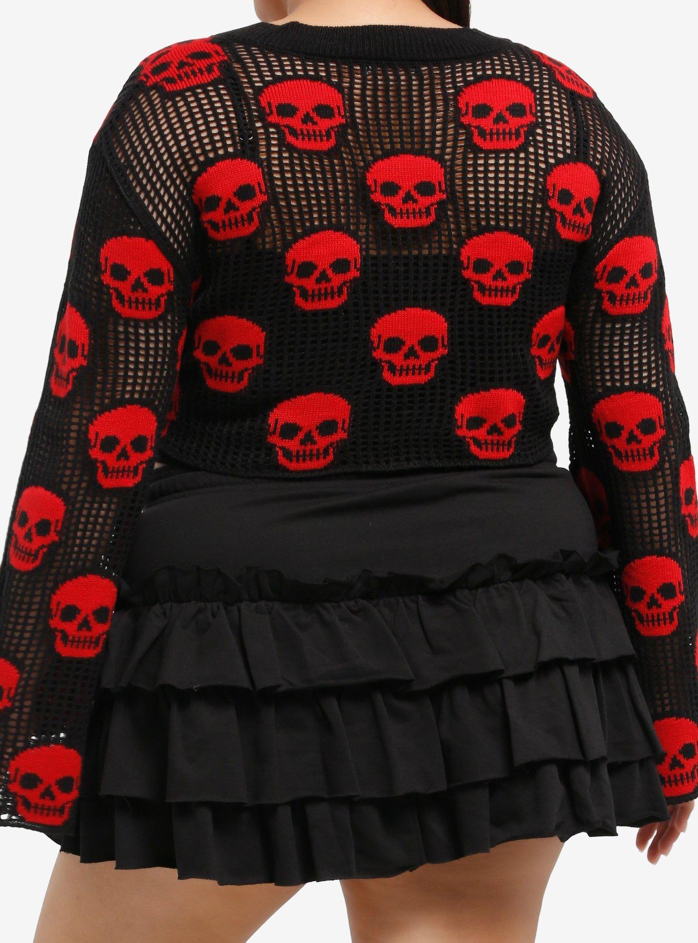 Black & Red Skull Girls Crop Sweater Plus Size, RED, alternate