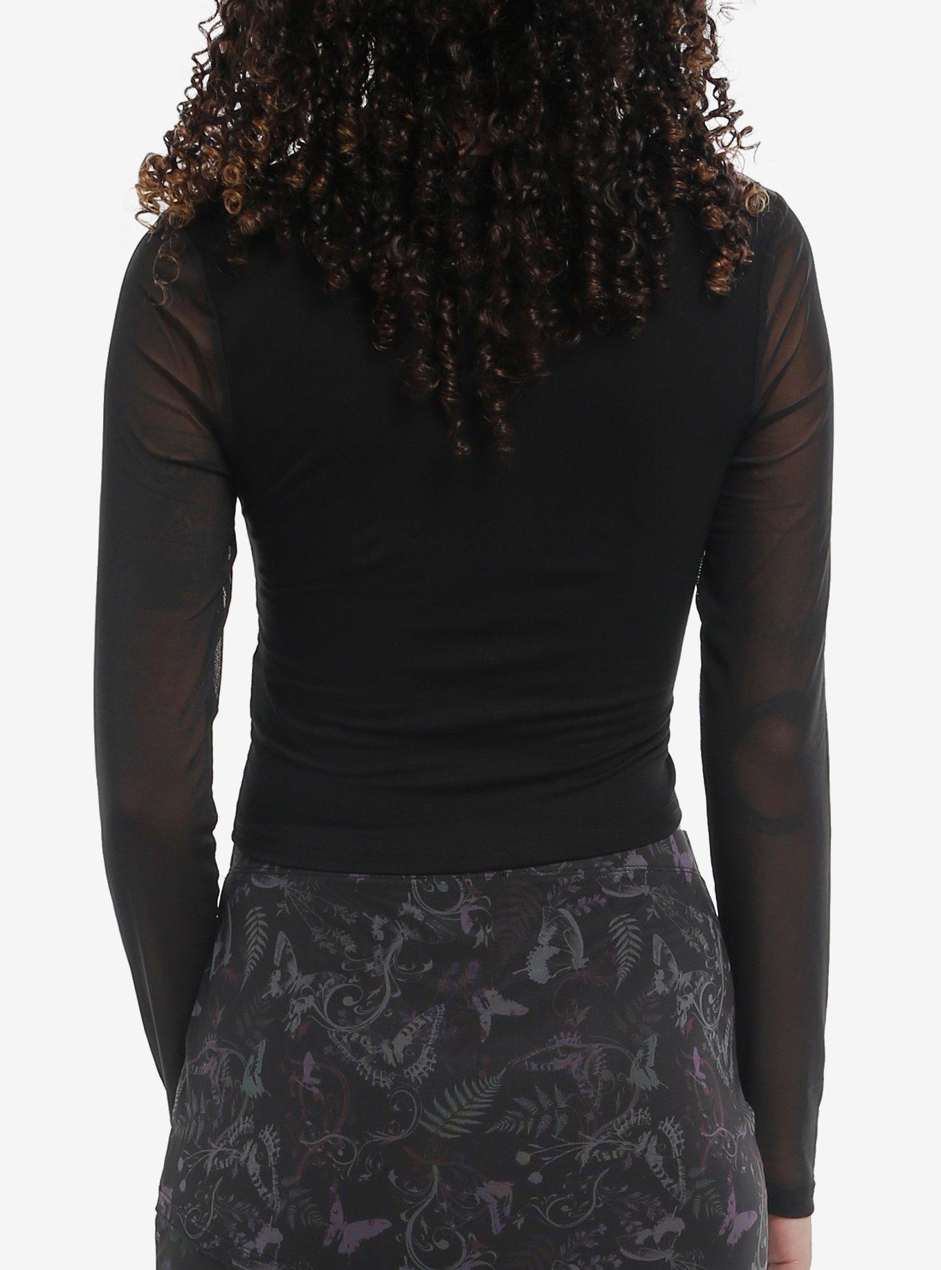 KIHILIST Black Cutout Mesh Girls Crop Long-Sleeve Top, BLACK, hi-res