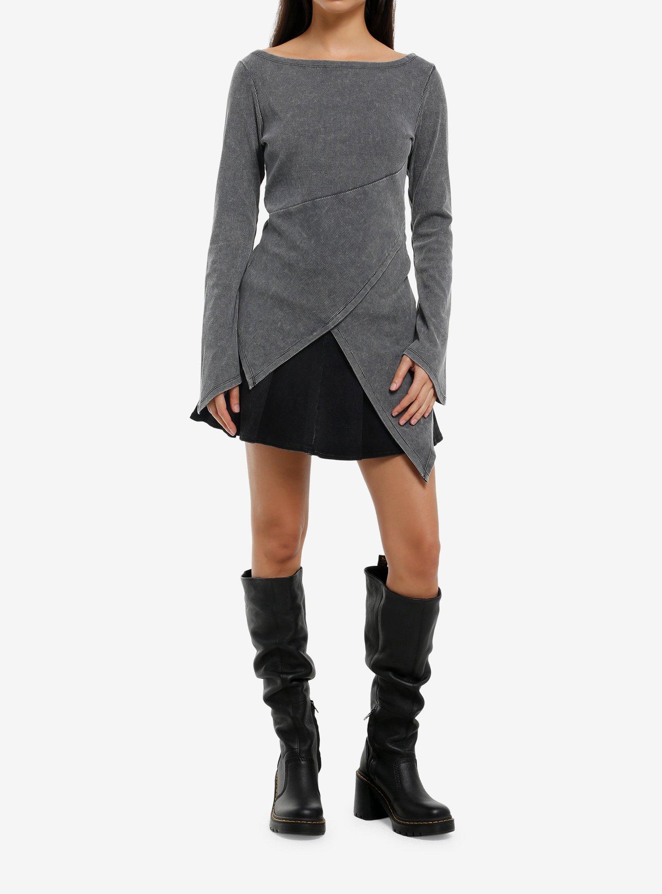 KIHILIST Grey Asymmetrical Hem Girls Long-Sleeve Top, , hi-res