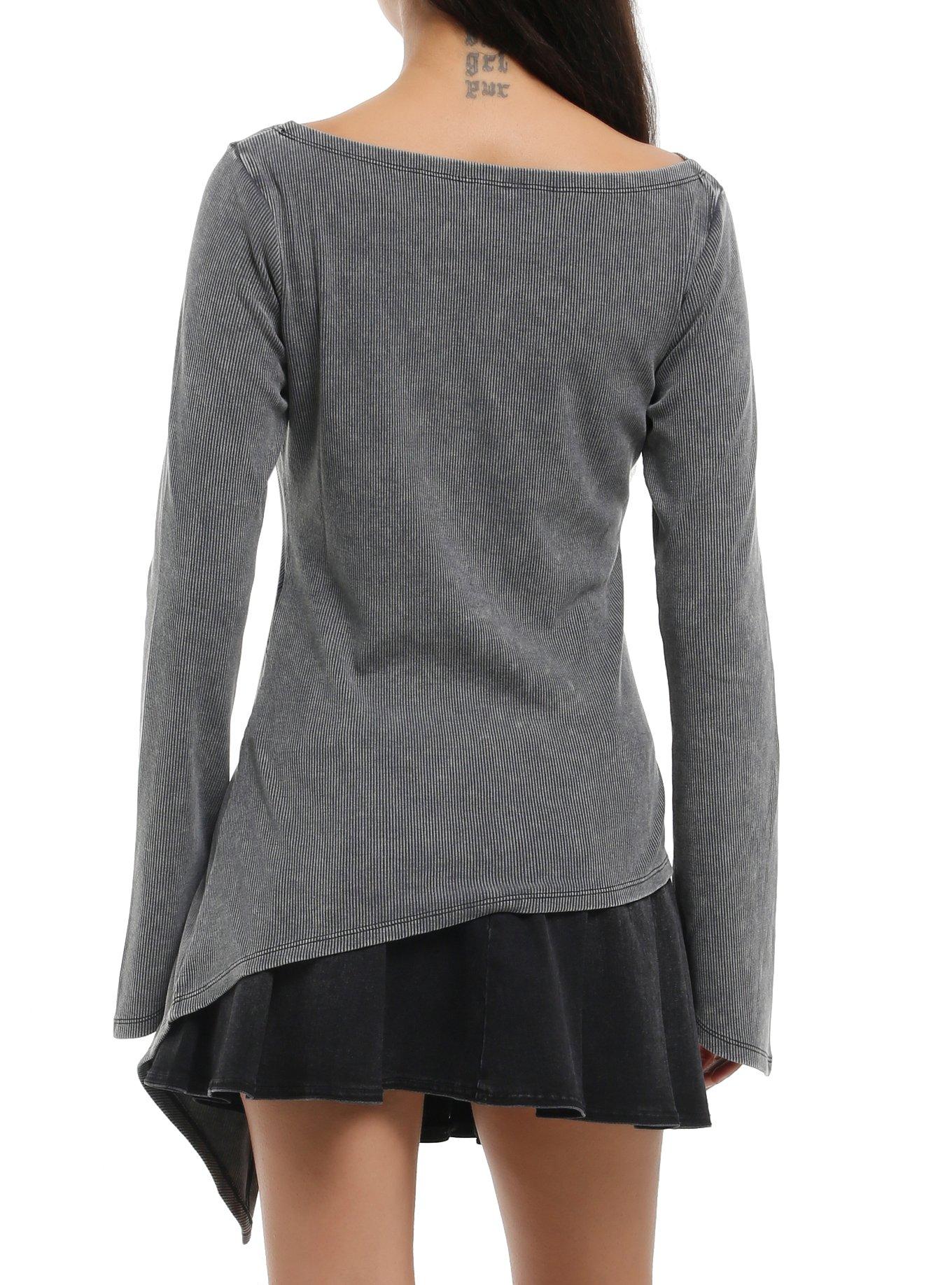 KIHILIST Grey Asymmetrical Hem Girls Long-Sleeve Top, BLACK, alternate