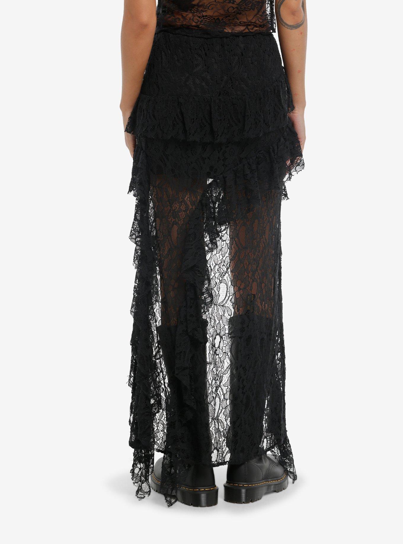 Black Lace Shark Bite Midi Skirt, , hi-res