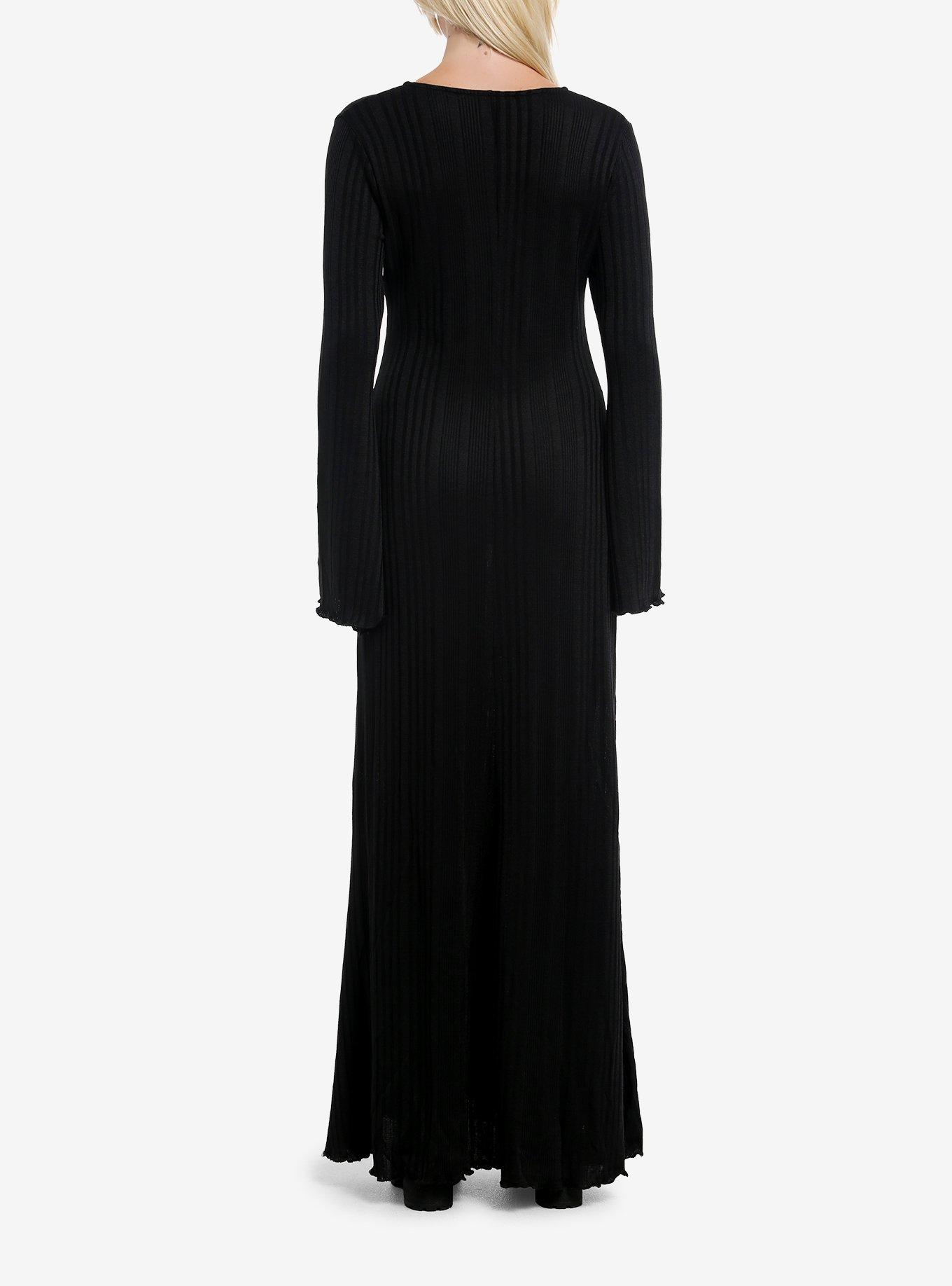 KHILIST Black Ribbed Bell Sleeve Dress, , hi-res